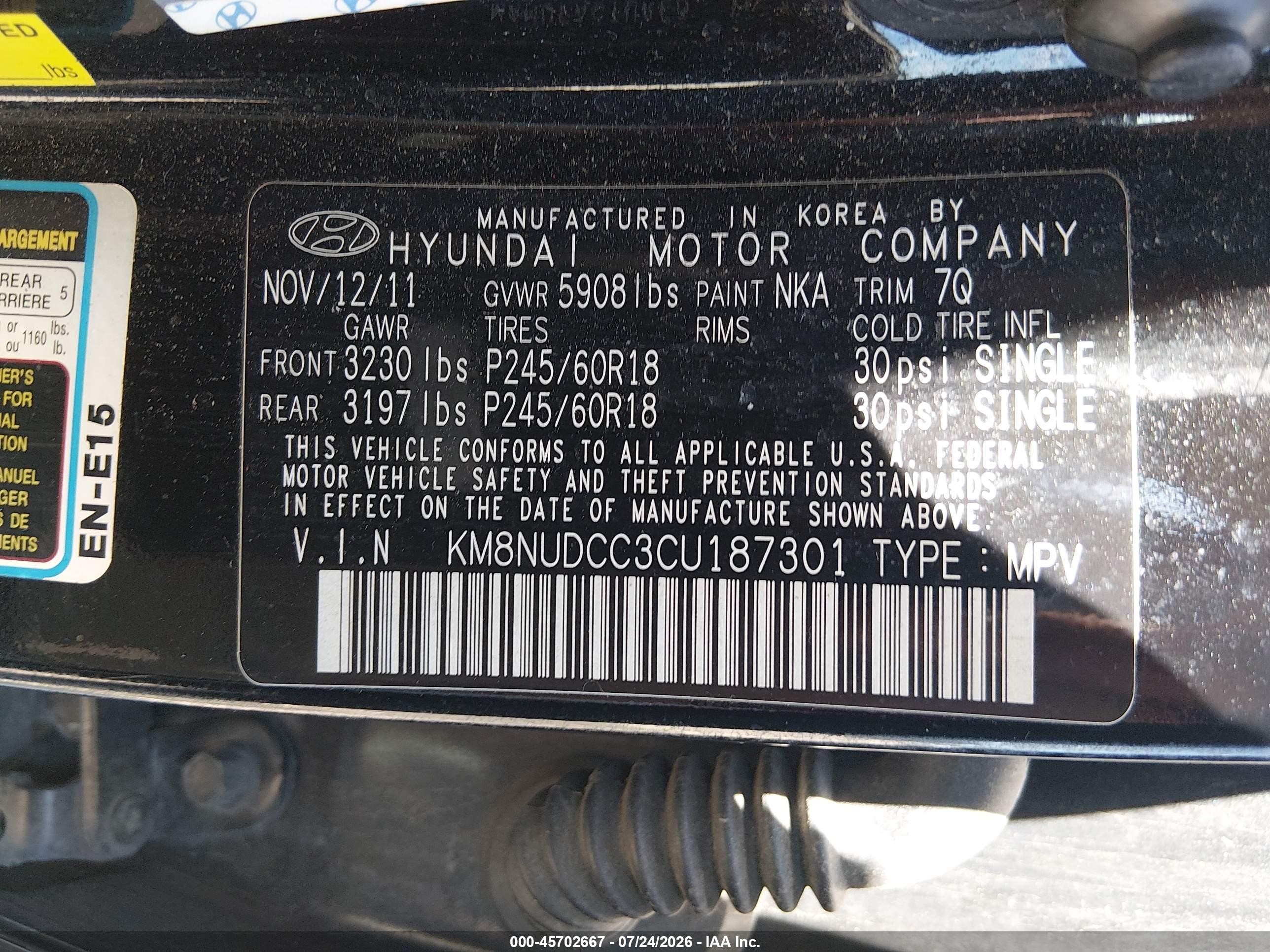 2012 Hyundai Veracruz Limited Black vin: KM8NUDCC3CU187301