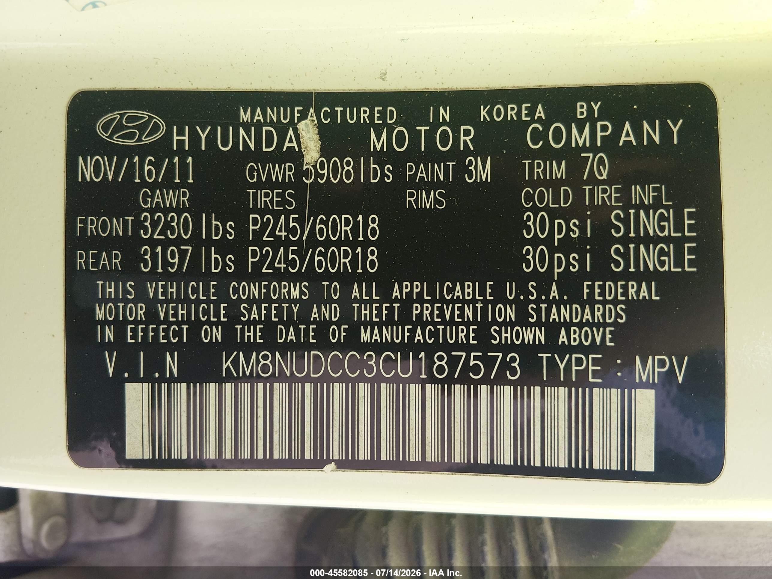 2012 Hyundai Veracruz Limited White vin: KM8NUDCC3CU187573