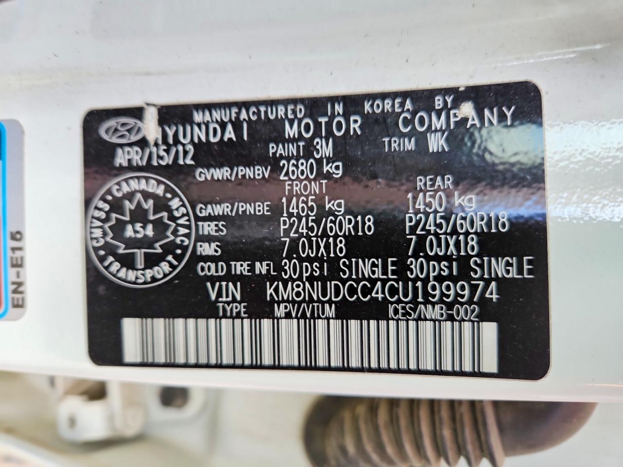2012 Hyundai Veracruz Gls White vin: KM8NUDCC4CU199974