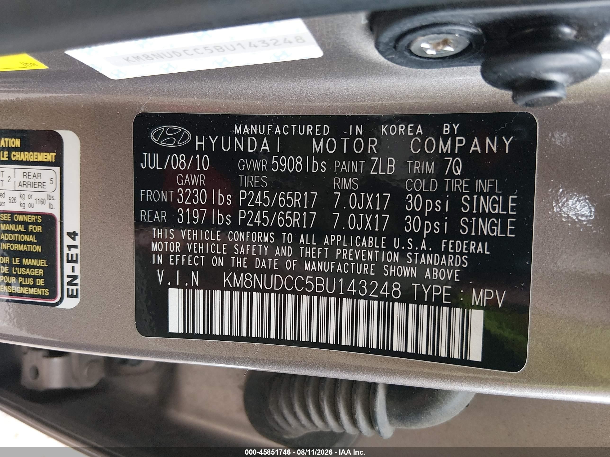 2011 Hyundai Veracruz Gls Gold vin: KM8NUDCC5BU143248