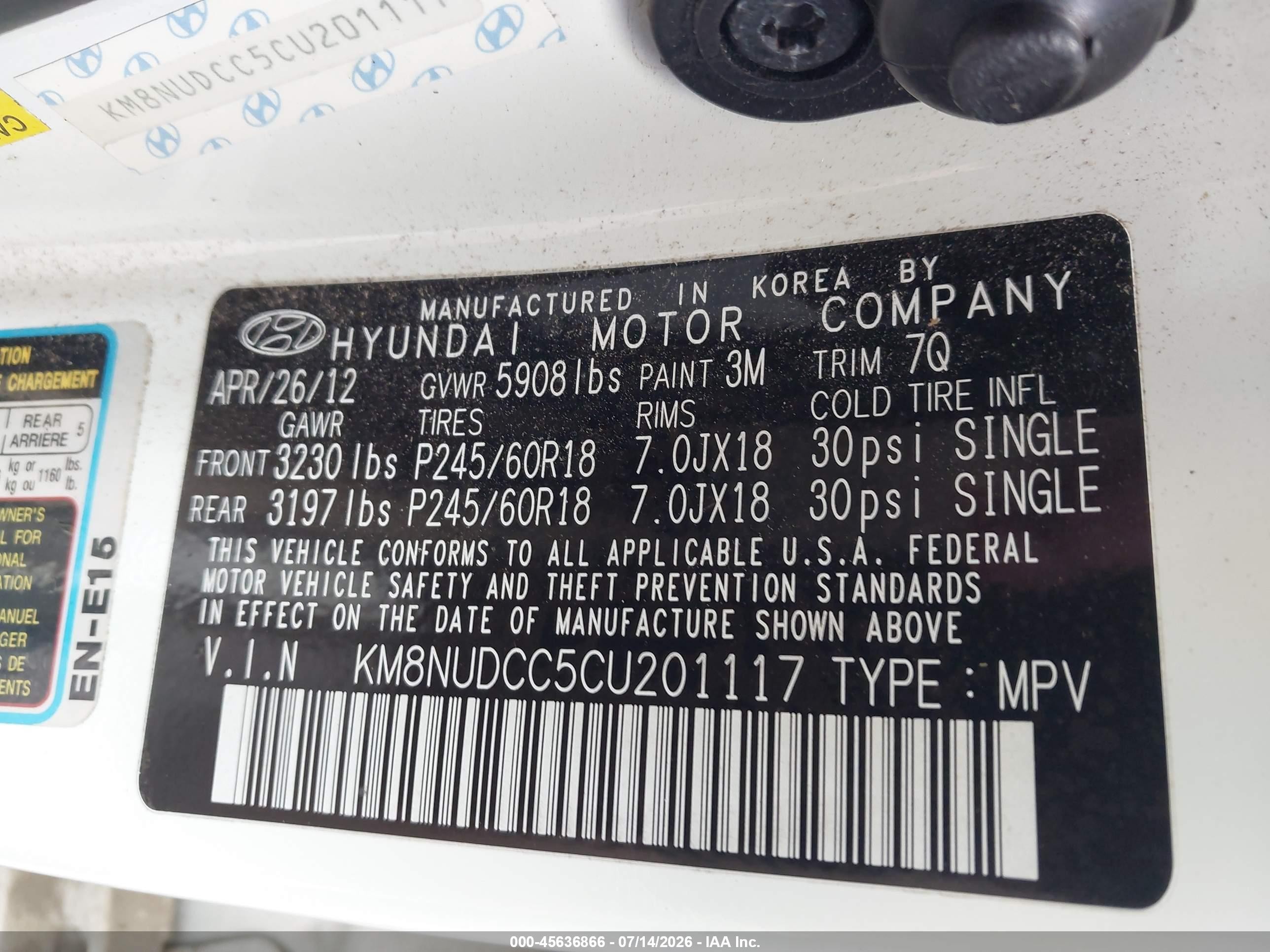 2012 Hyundai Veracruz Limited White vin: KM8NUDCC5CU201117