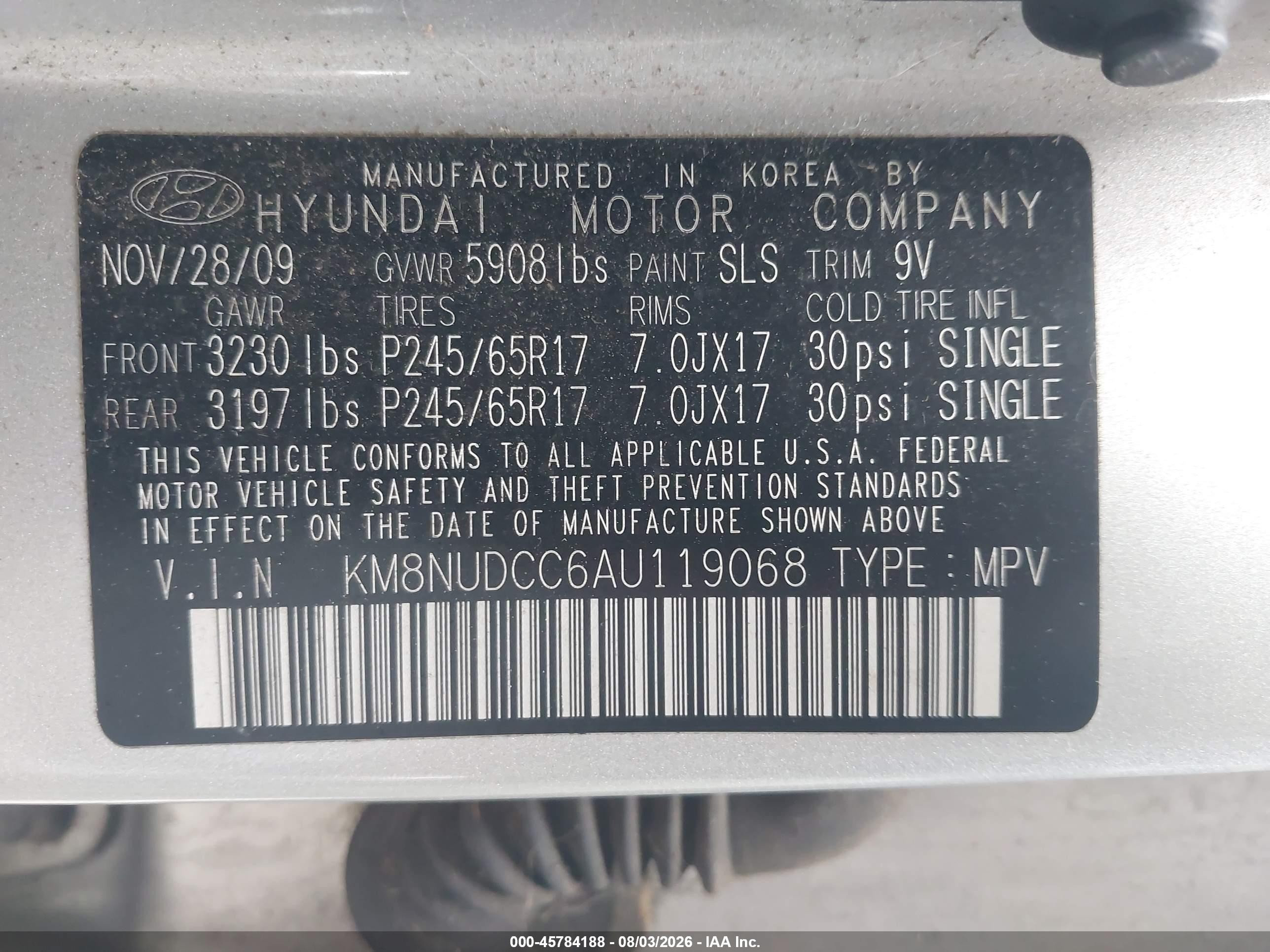2010 Hyundai Veracruz Gls Silver vin: KM8NUDCC6AU119068