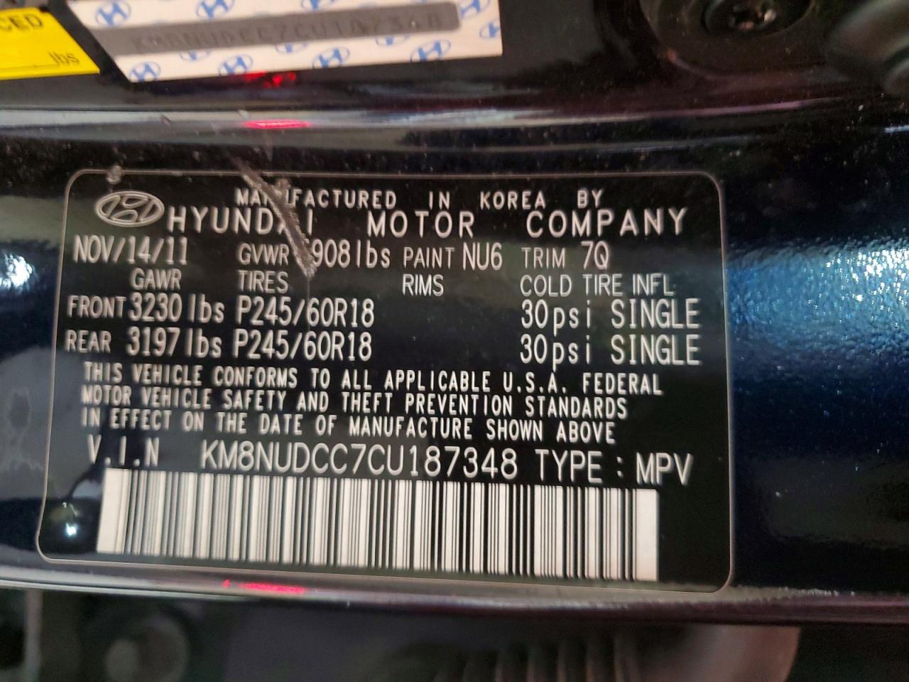 2012 Hyundai Veracruz Limited Blue vin: KM8NUDCC7CU187348