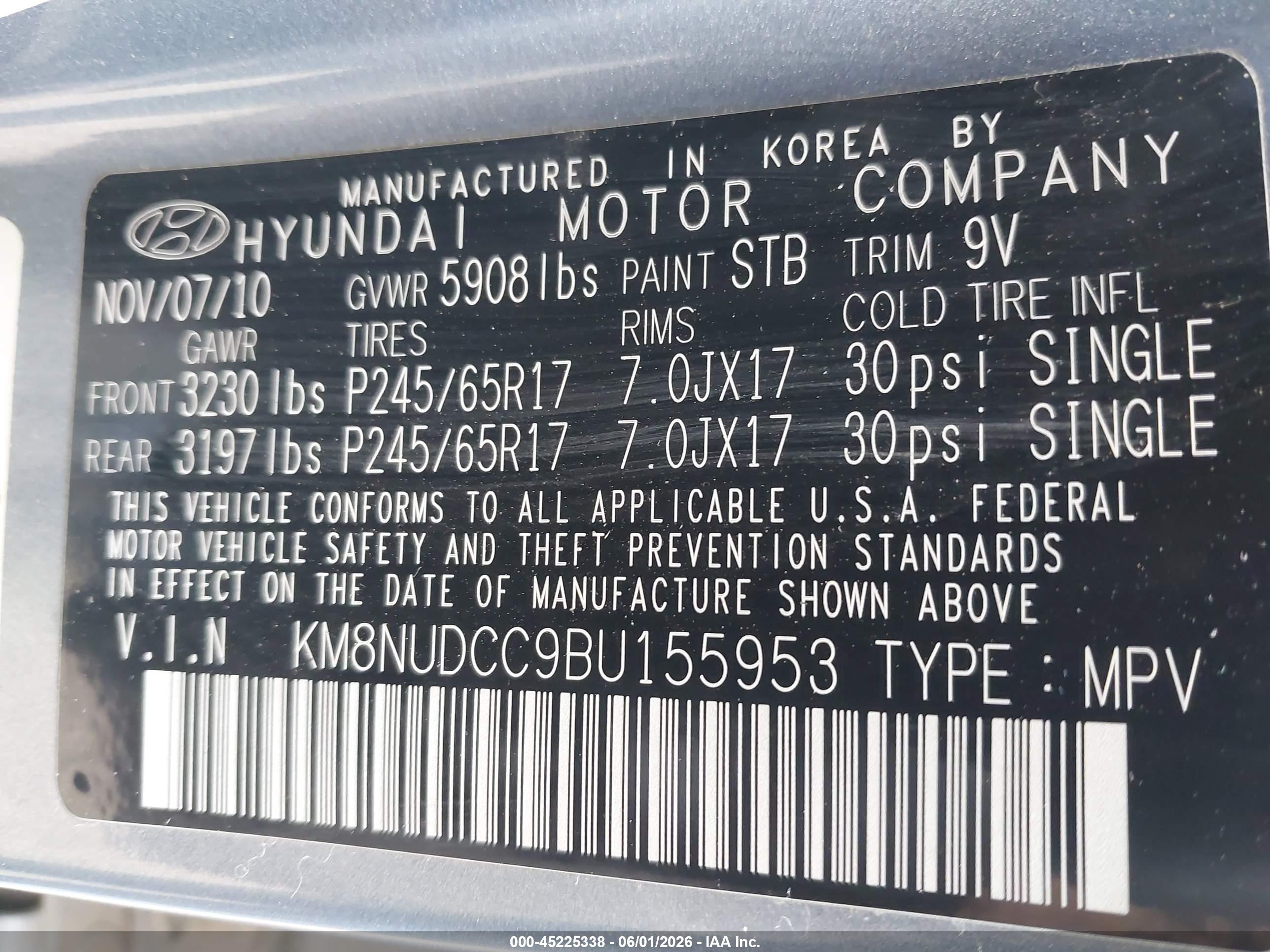 2011 Hyundai Veracruz Gls Light Blue vin: KM8NUDCC9BU155953