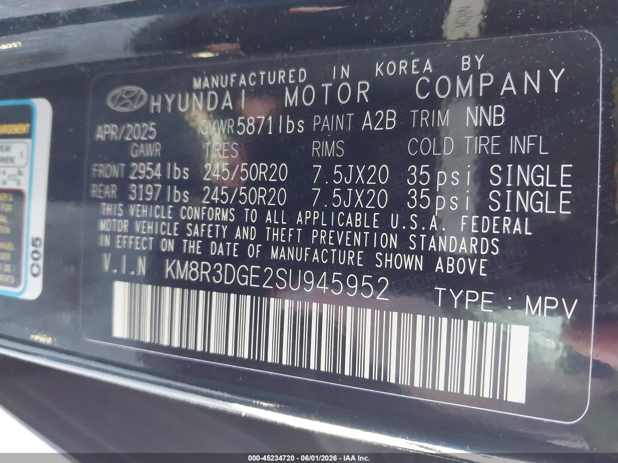 2025 Hyundai Palisade Xrt Black vin: KM8R3DGE2SU945952