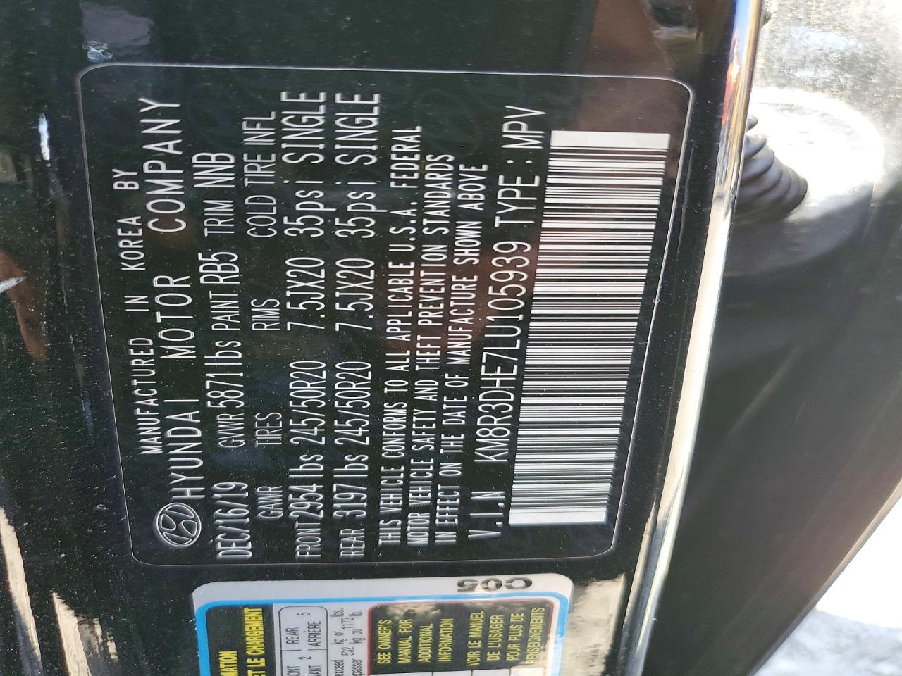 2020 Hyundai Palisade Sel Black vin: KM8R3DHE7LU105939
