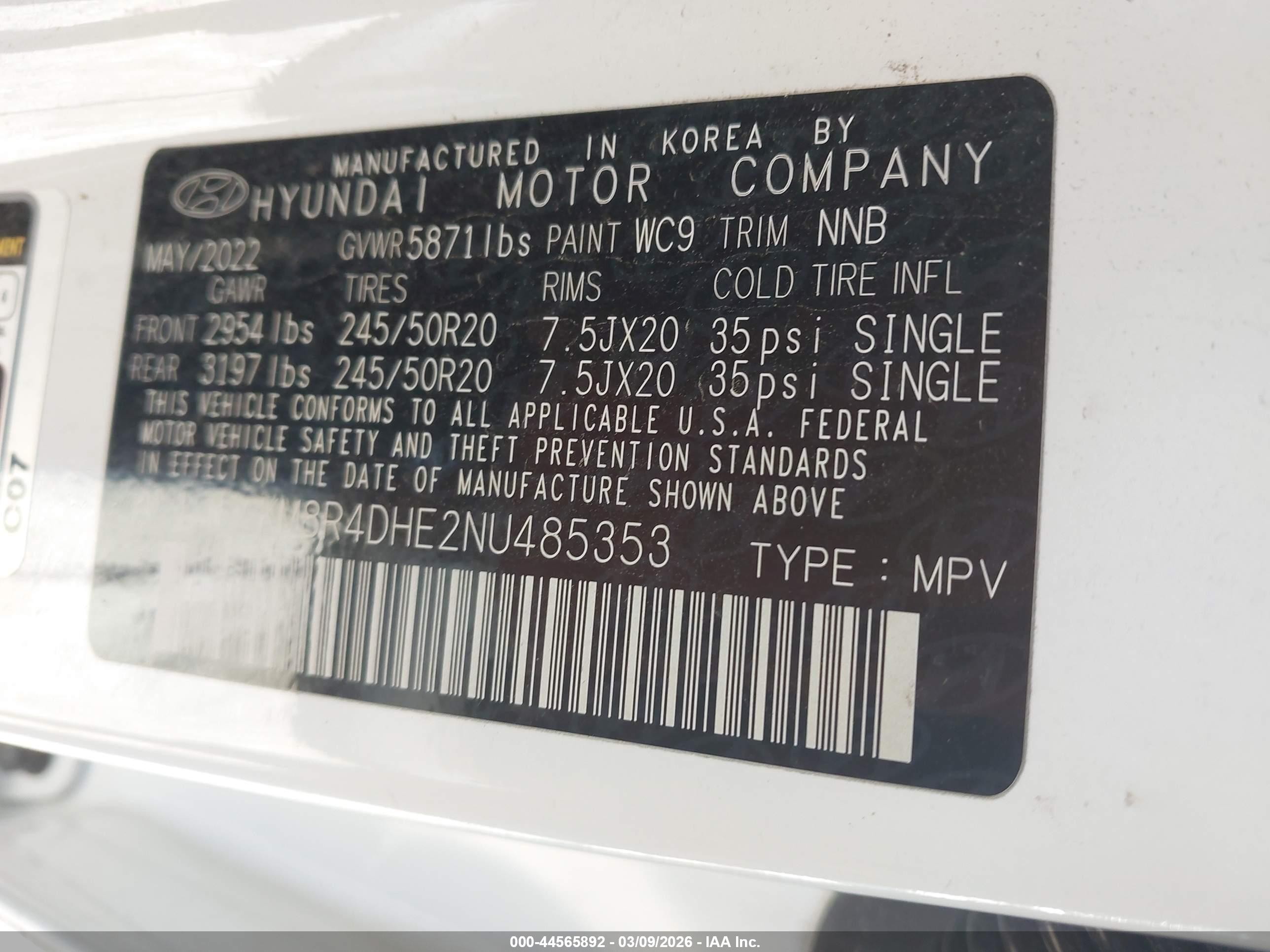 2022 Hyundai Palisade Sel White vin: KM8R4DHE2NU485353