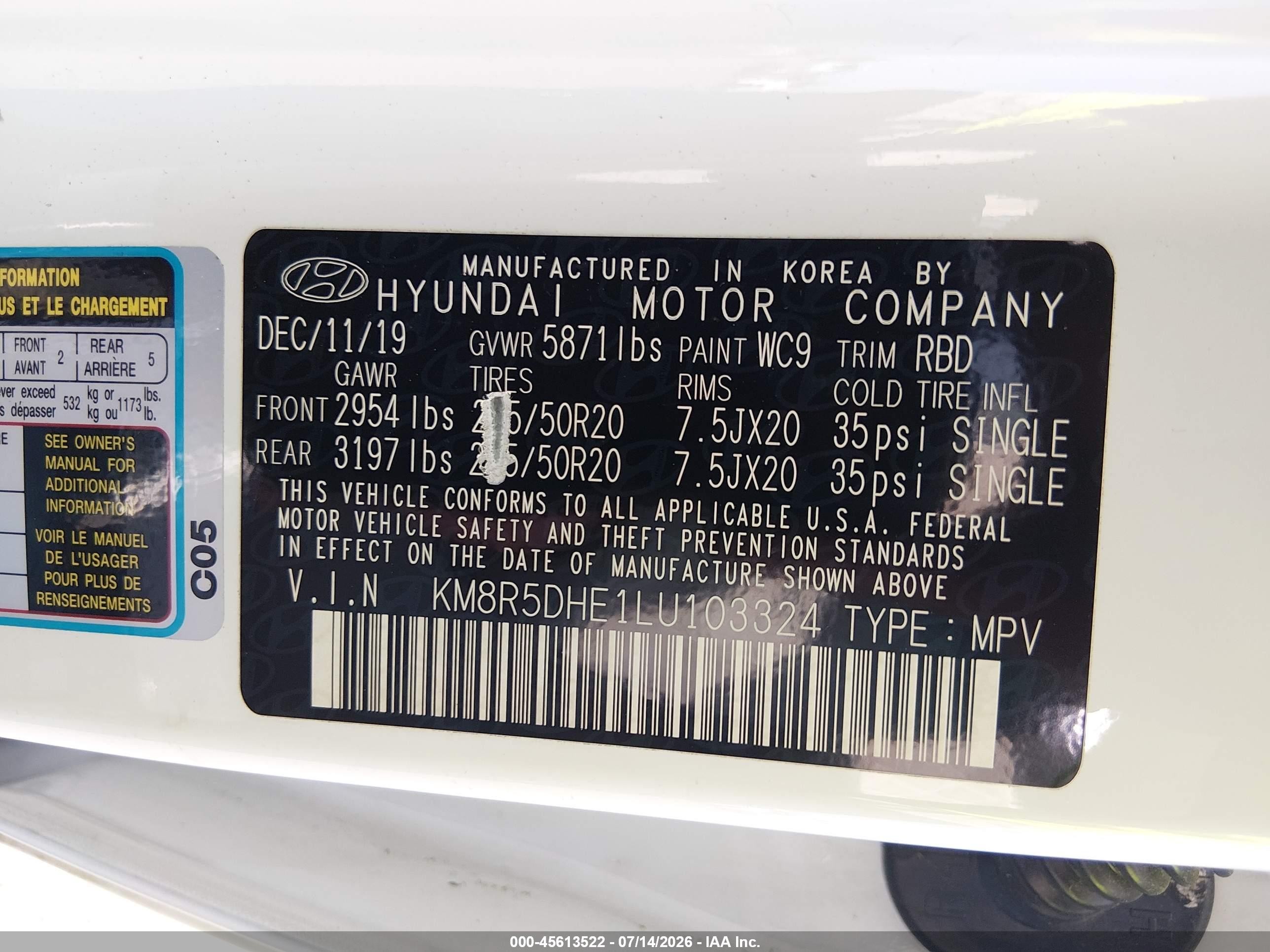 2020 Hyundai Palisade Limited White vin: KM8R5DHE1LU103324