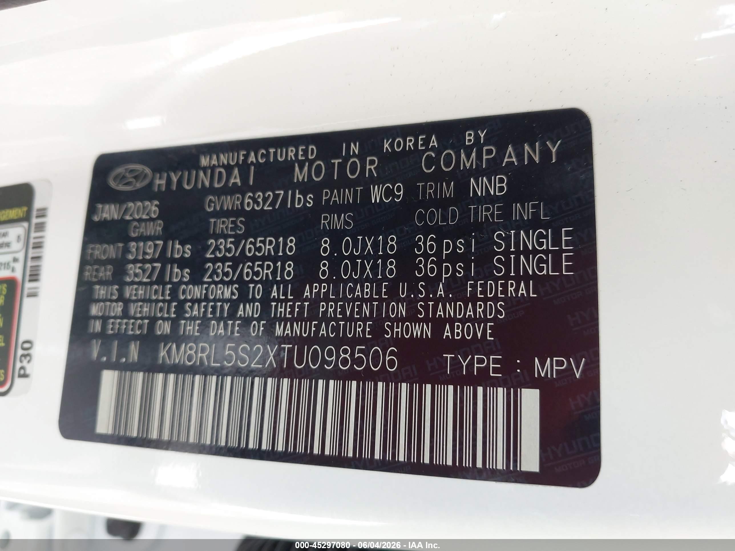 2026 Hyundai Palisade Sel 7p Белый vin: KM8RL5S2XTU098506