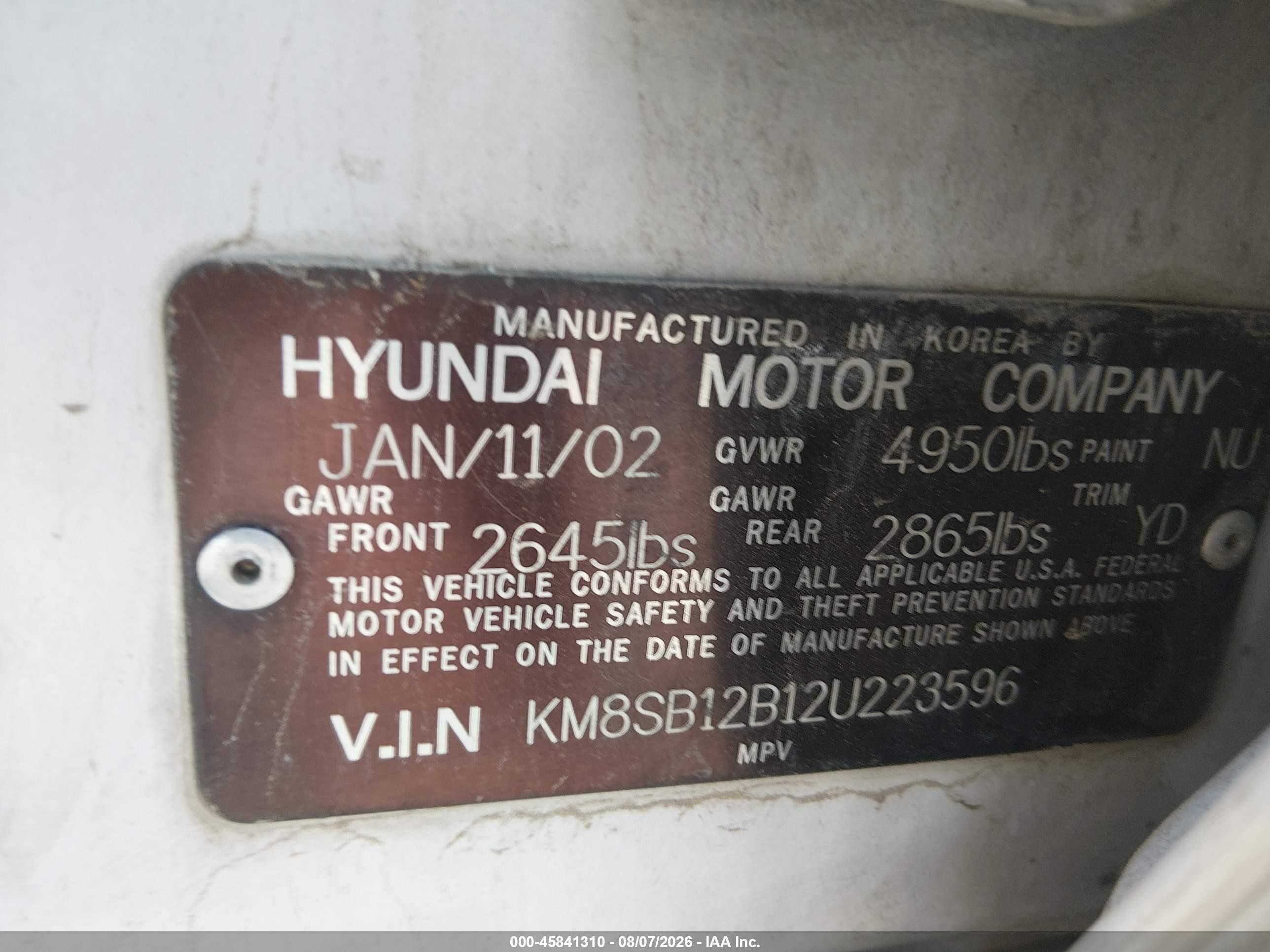2002 Hyundai Santa Fe   White vin: KM8SB12B12U223596