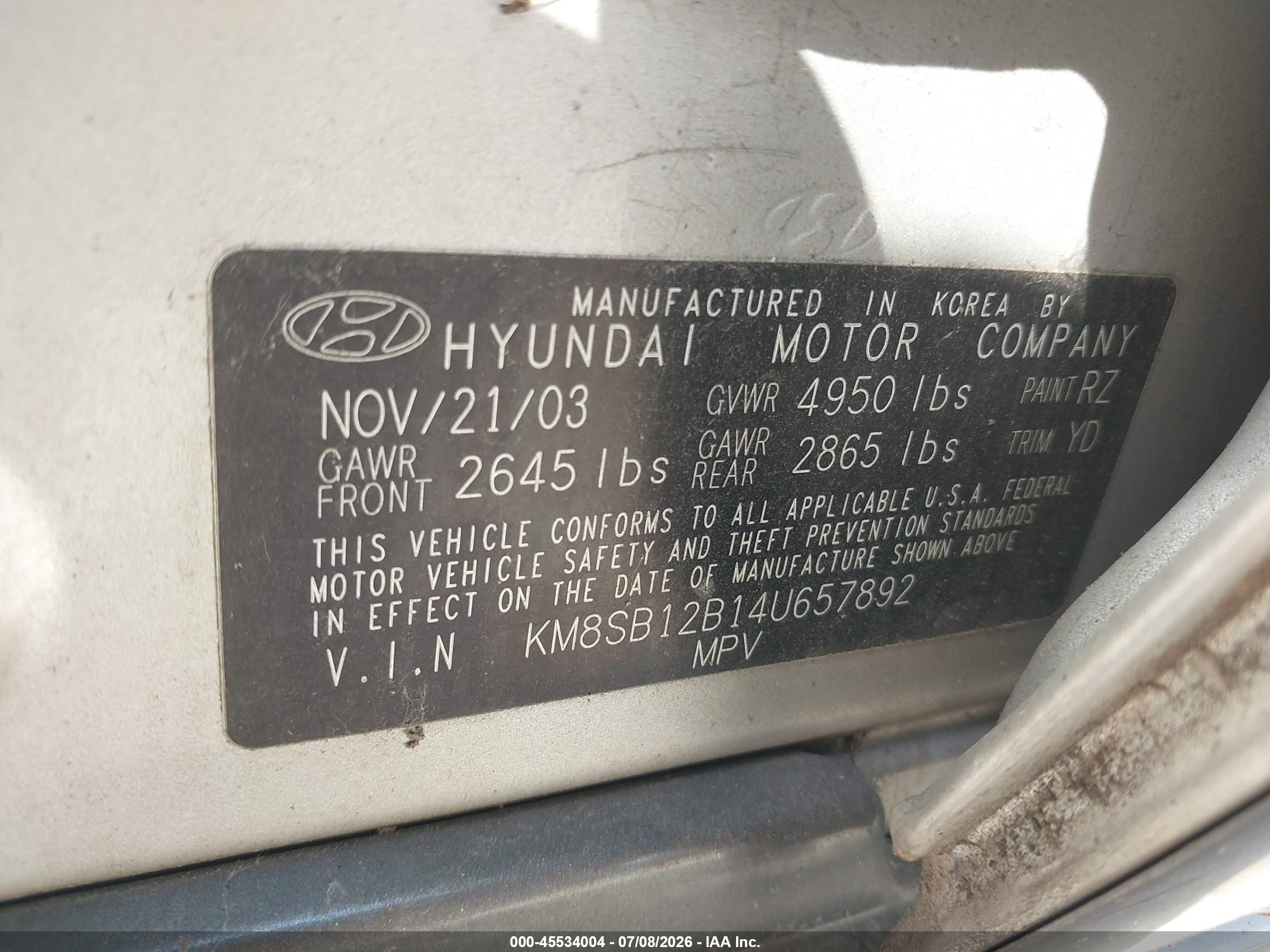 2004 Hyundai Santa Fe   Silver vin: KM8SB12B14U657892