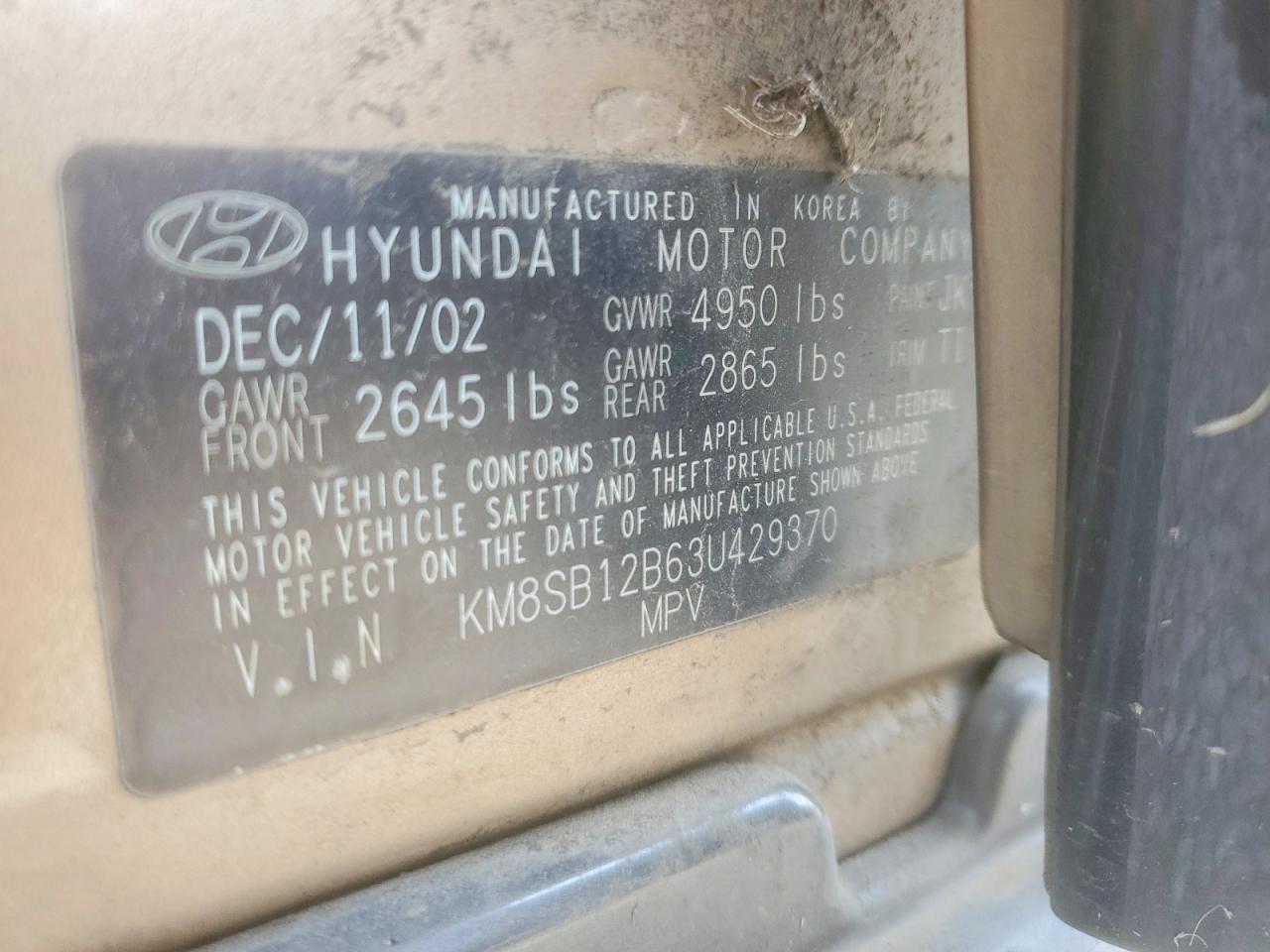 2003 Hyundai Santa Fe Gold vin: KM8SB12B63U429370