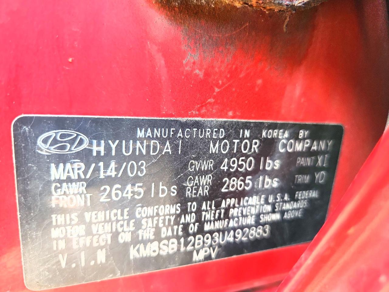 2003 Hyundai Santa Fe Gl Red vin: KM8SB12B93U492883