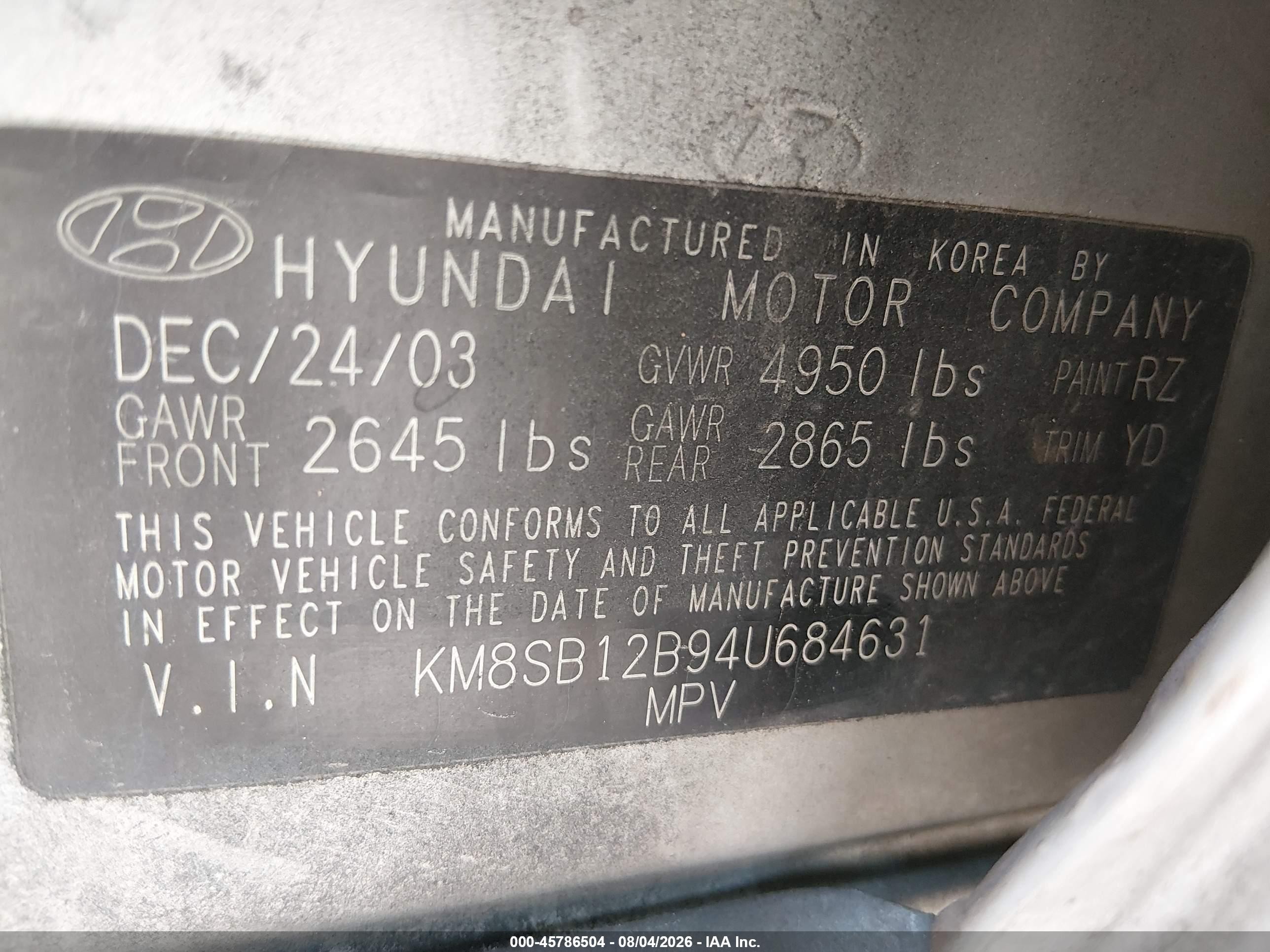 2004 Hyundai Santa Fe   Silver vin: KM8SB12B94U684631