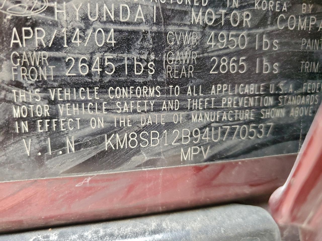 2004 Hyundai Santa Fe Gl Red vin: KM8SB12B94U770537
