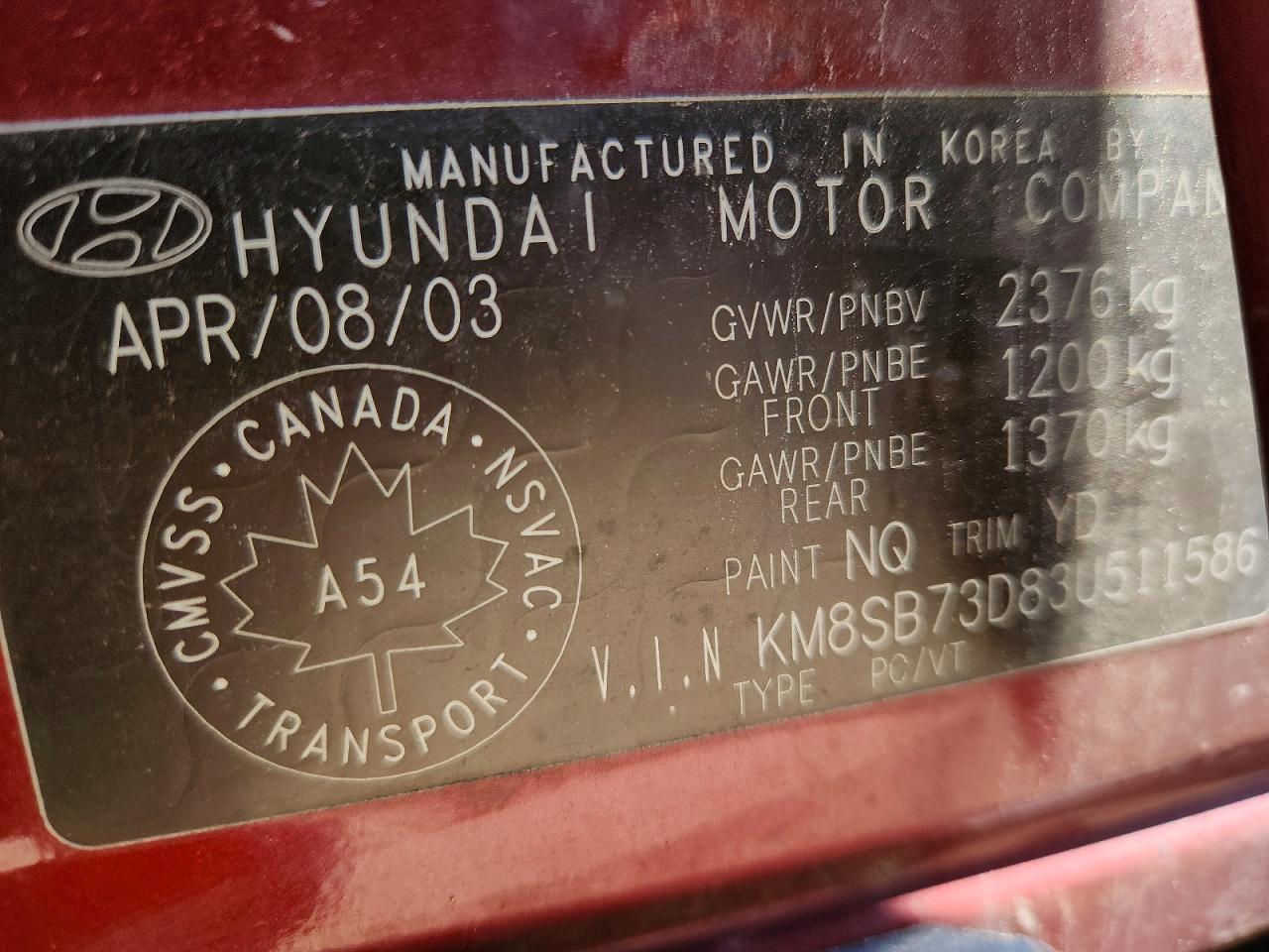 2003 Hyundai Santa Fe Red vin: KM8SB73D83U511586