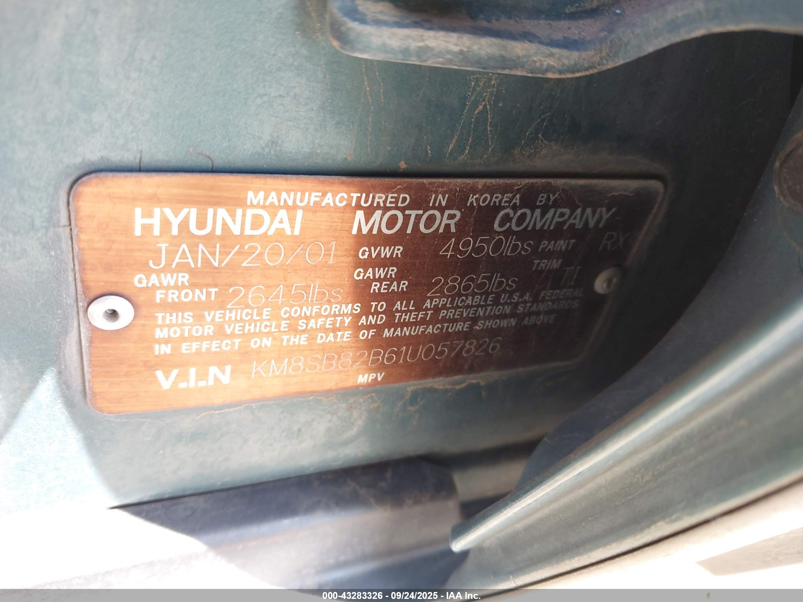 2001 Hyundai Santa Fe 2.4l/2.4l Gl Green vin: KM8SB82B61U057826