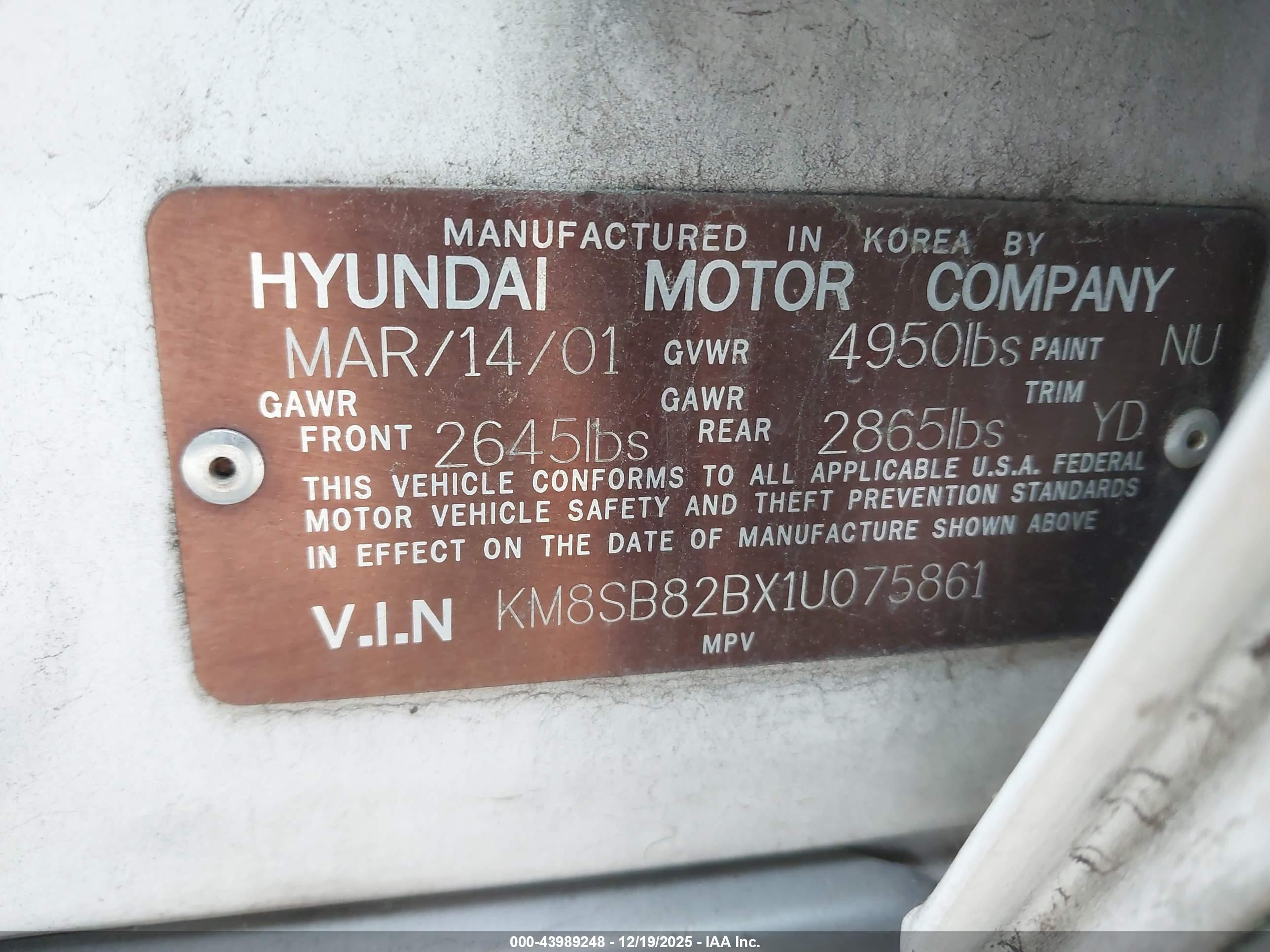 2001 Hyundai Santa Fe 2.4l/2.4l Gl White vin: KM8SB82BX1U075861