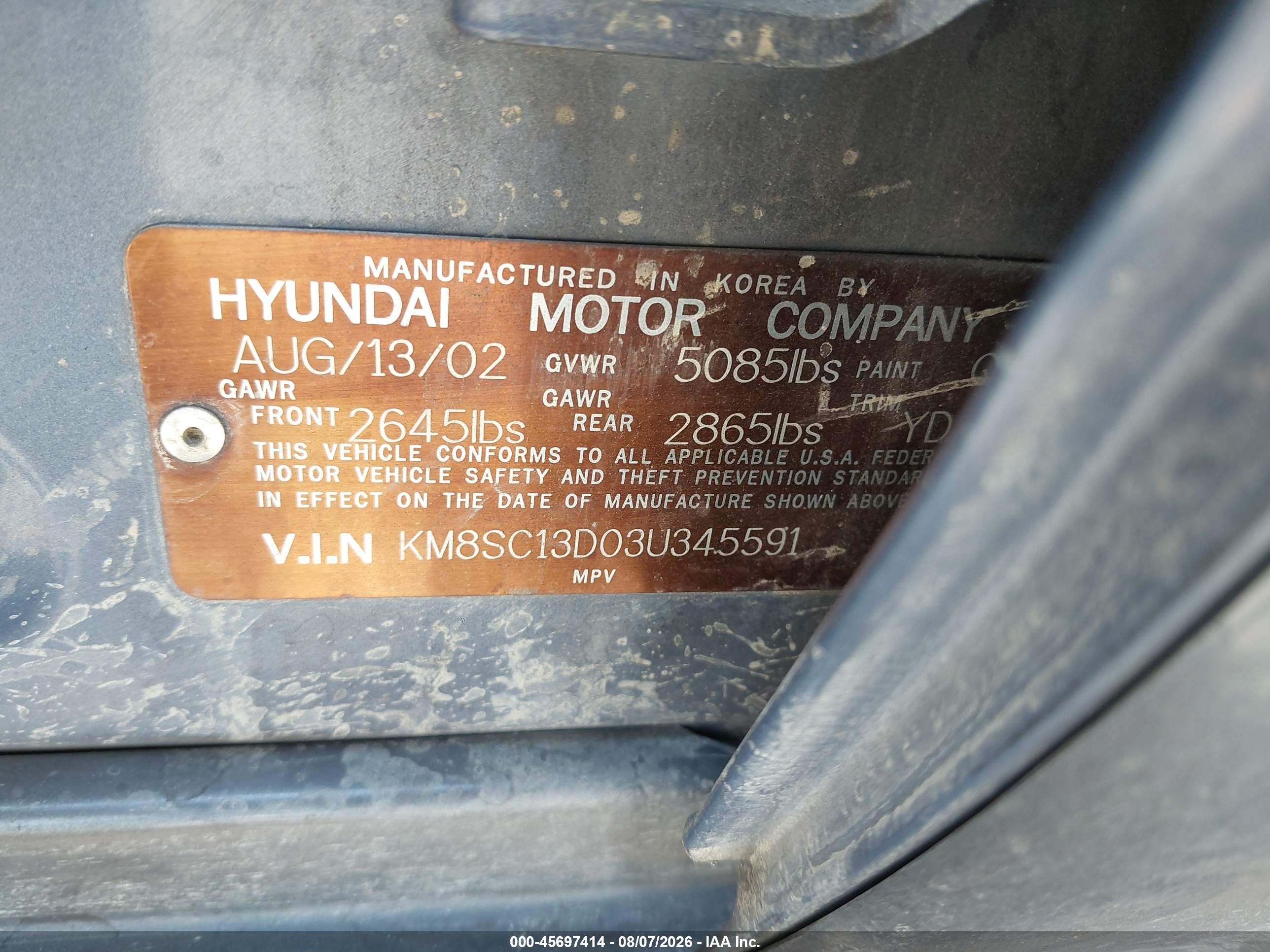 2003 Hyundai Santa Fe Gls/lx Gray vin: KM8SC13D03U345591