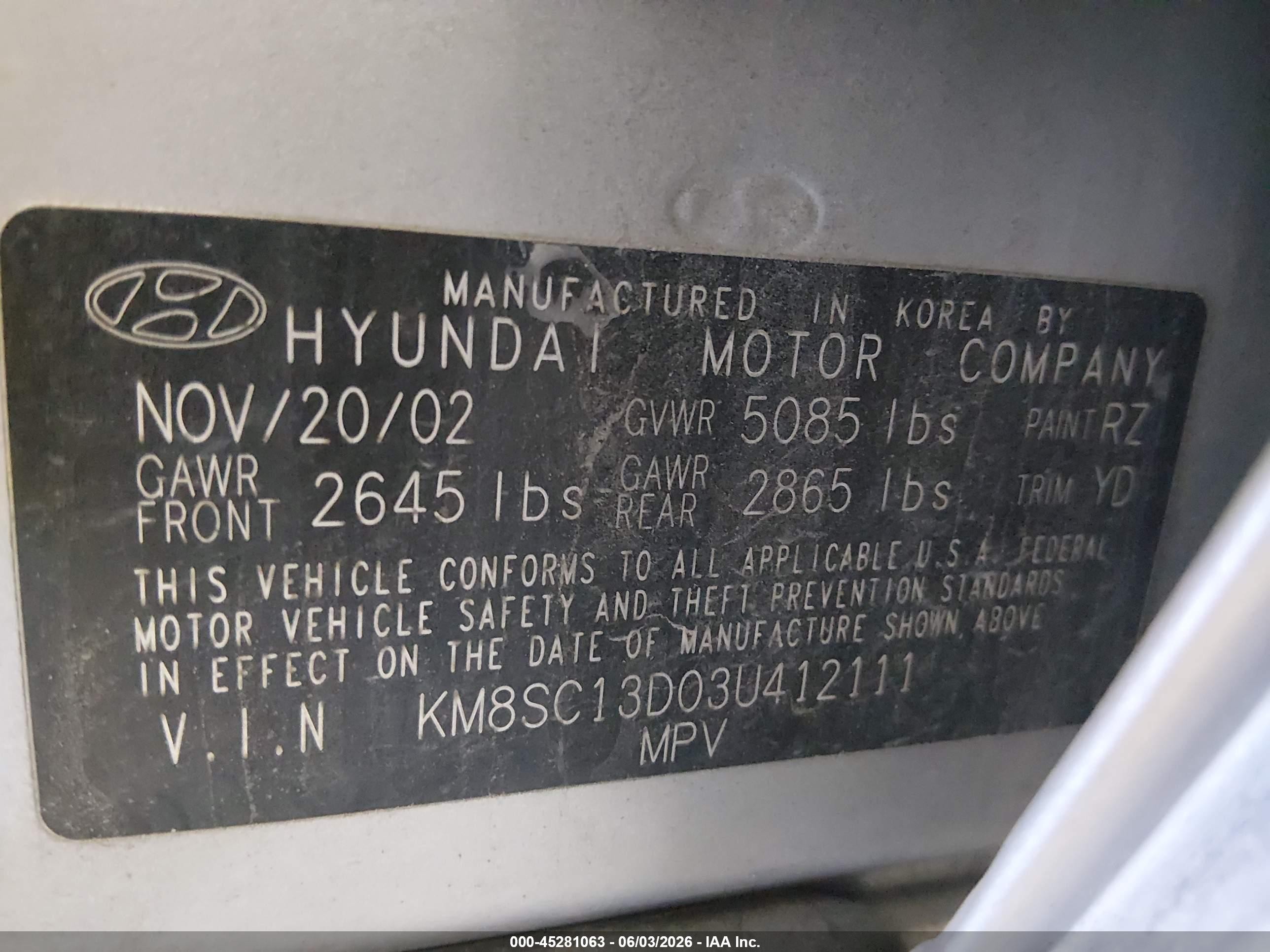 2003 Hyundai Santa Fe Gls/lx Silver vin: KM8SC13D03U412111