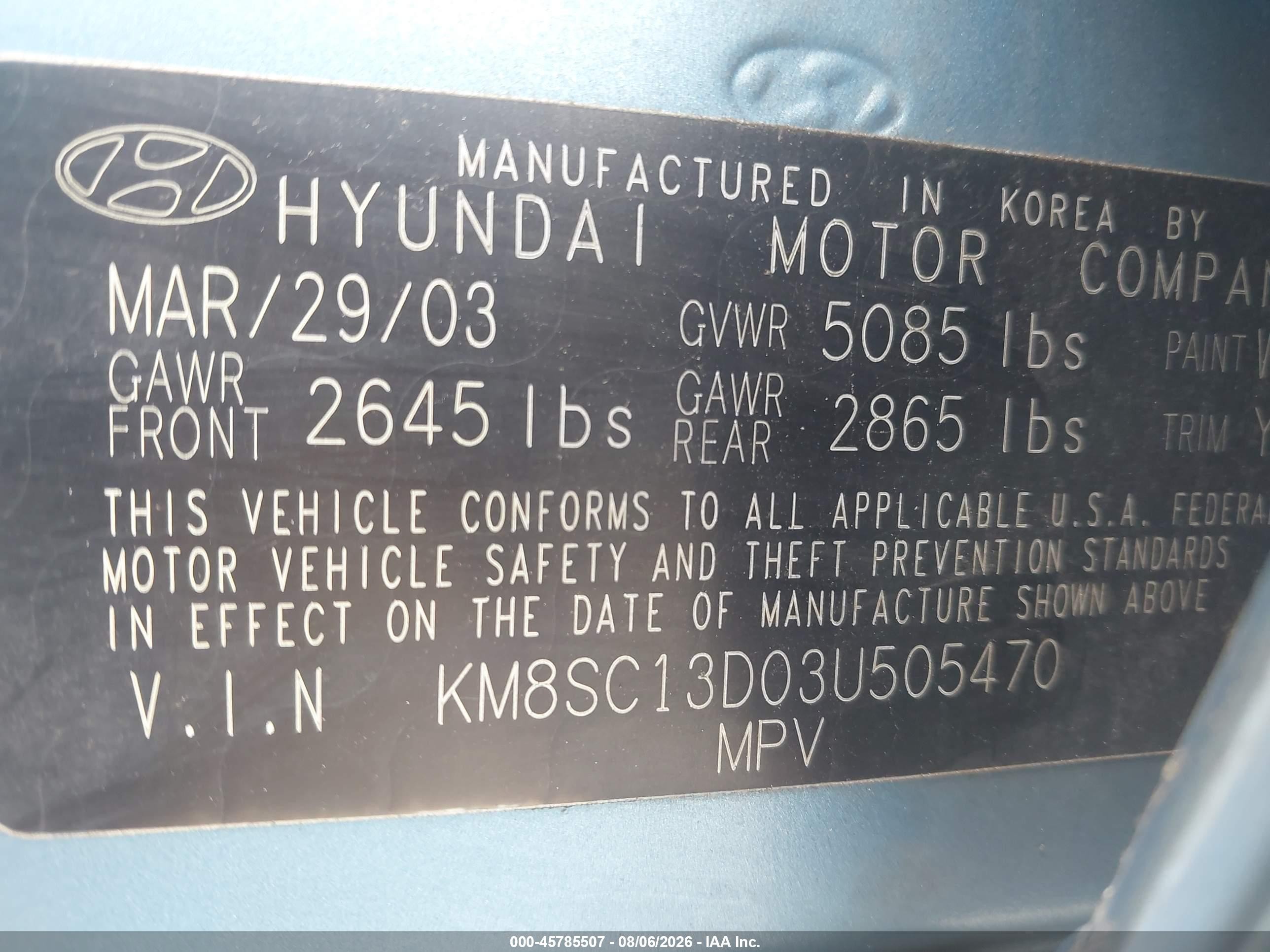 2003 Hyundai Santa Fe Gls/lx Blue vin: KM8SC13D03U505470