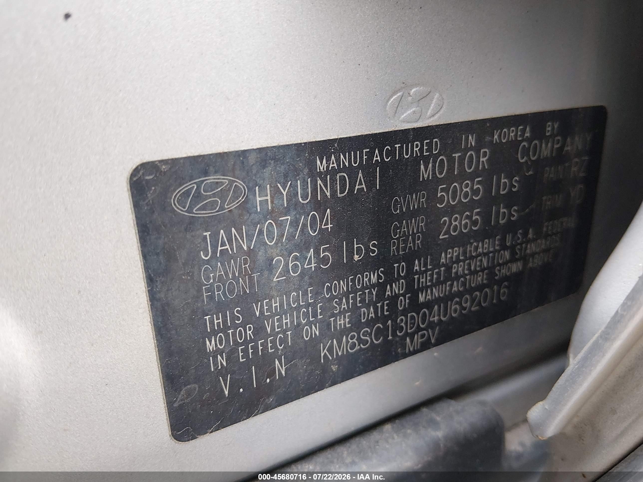 2004 Hyundai Santa Fe Gls Gray vin: KM8SC13D04U692016