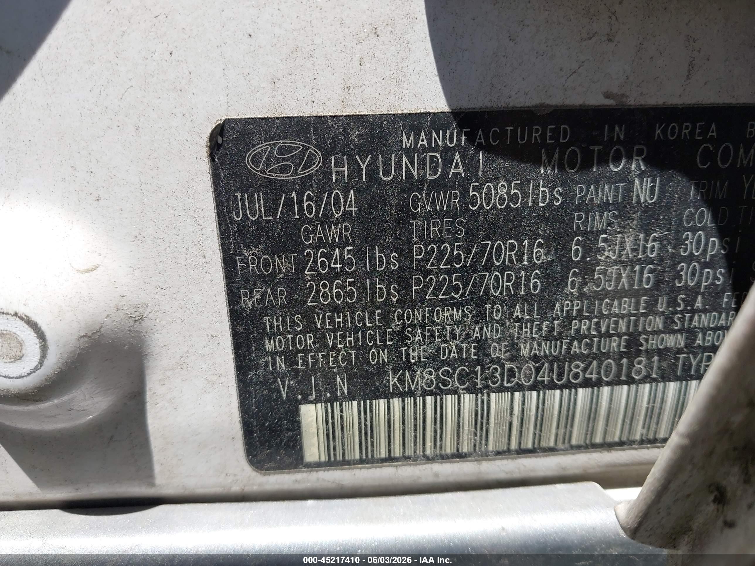 2004 Hyundai Santa Fe Gls White vin: KM8SC13D04U840181