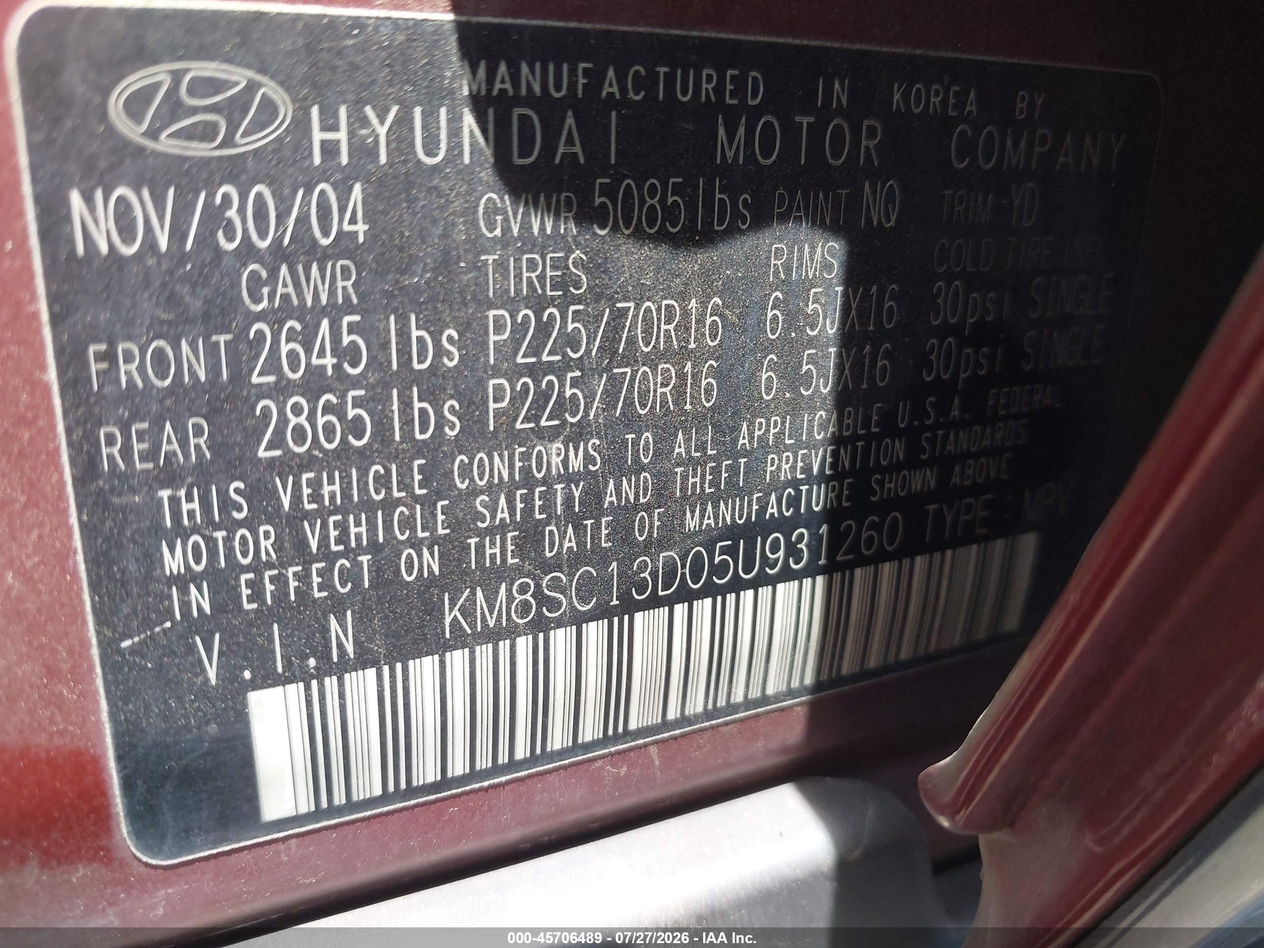 2005 Hyundai Santa Fe Gls Burgundy vin: KM8SC13D05U931260