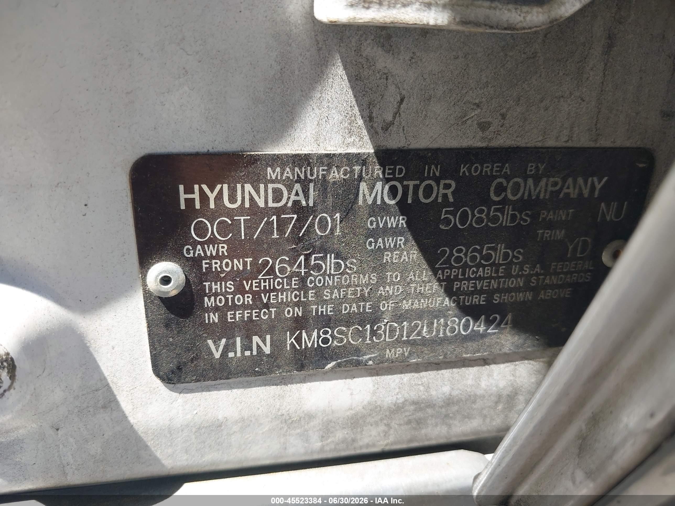 2002 Hyundai Santa Fe Gls/lx White vin: KM8SC13D12U180424