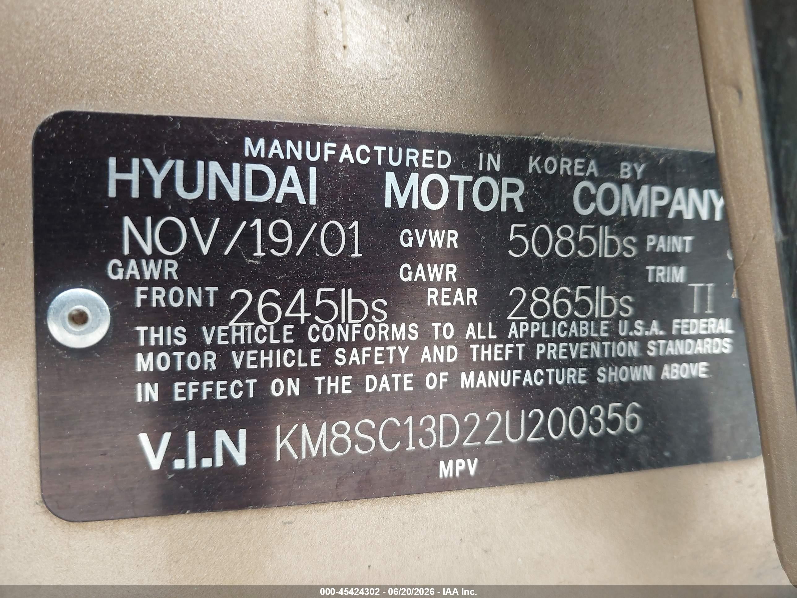 2002 Hyundai Santa Fe Gls/lx Gold vin: KM8SC13D22U200356