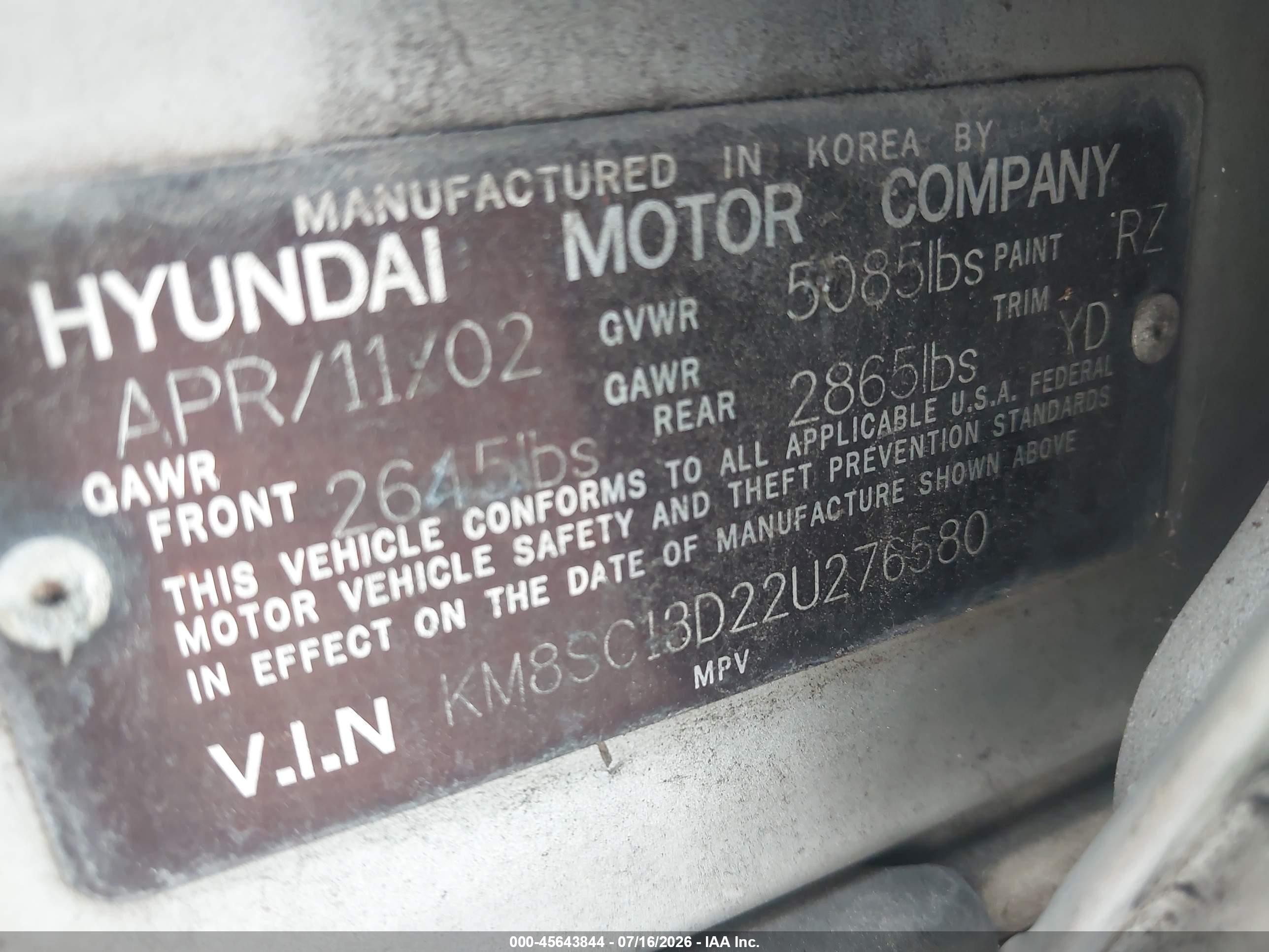 2002 Hyundai Santa Fe Gls/lx Silver vin: KM8SC13D22U276580
