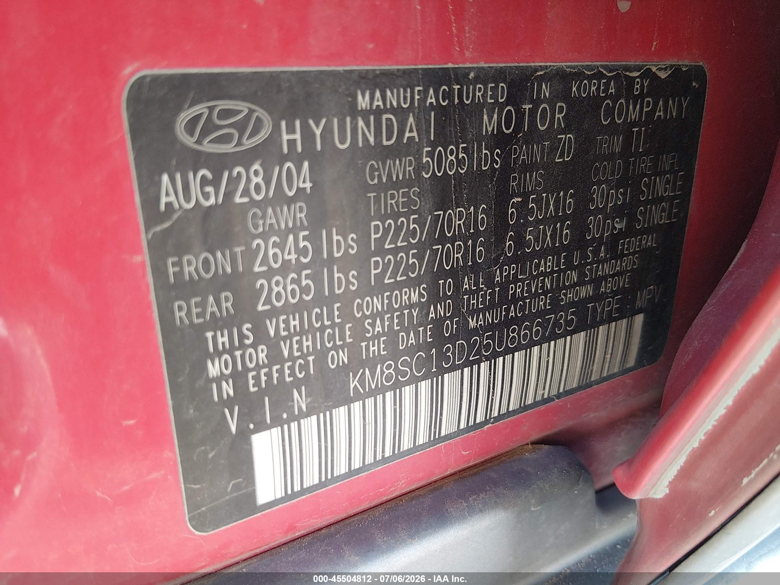 2005 Hyundai Santa Fe Gls Red vin: KM8SC13D25U866735