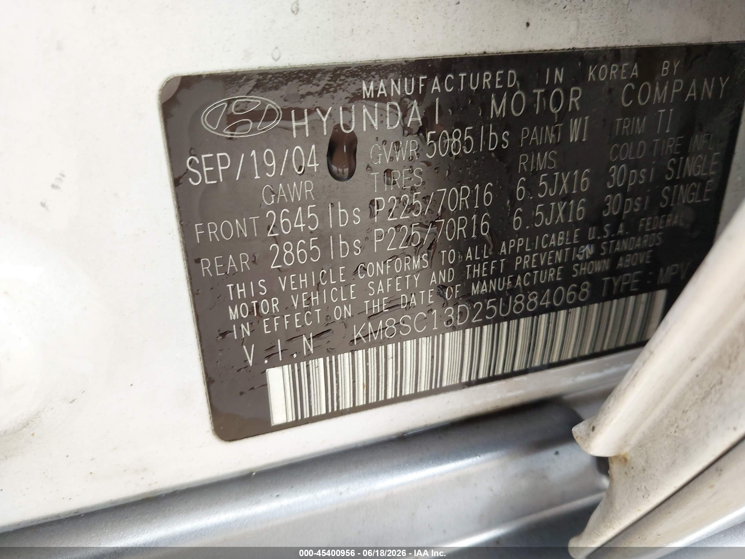 2005 Hyundai Santa Fe Gls White vin: KM8SC13D25U884068