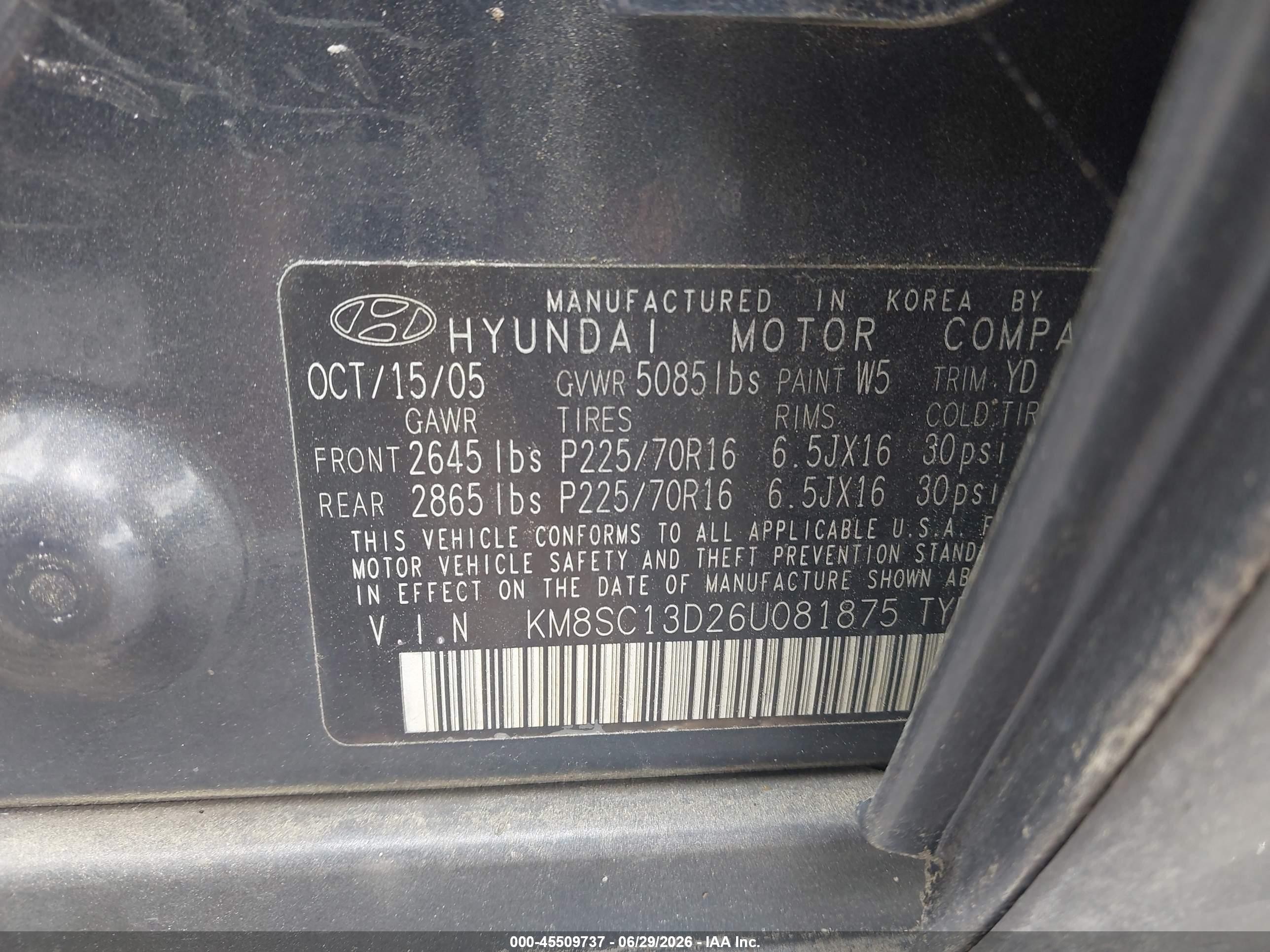 2006 Hyundai Santa Fe Gls Gray vin: KM8SC13D26U081875