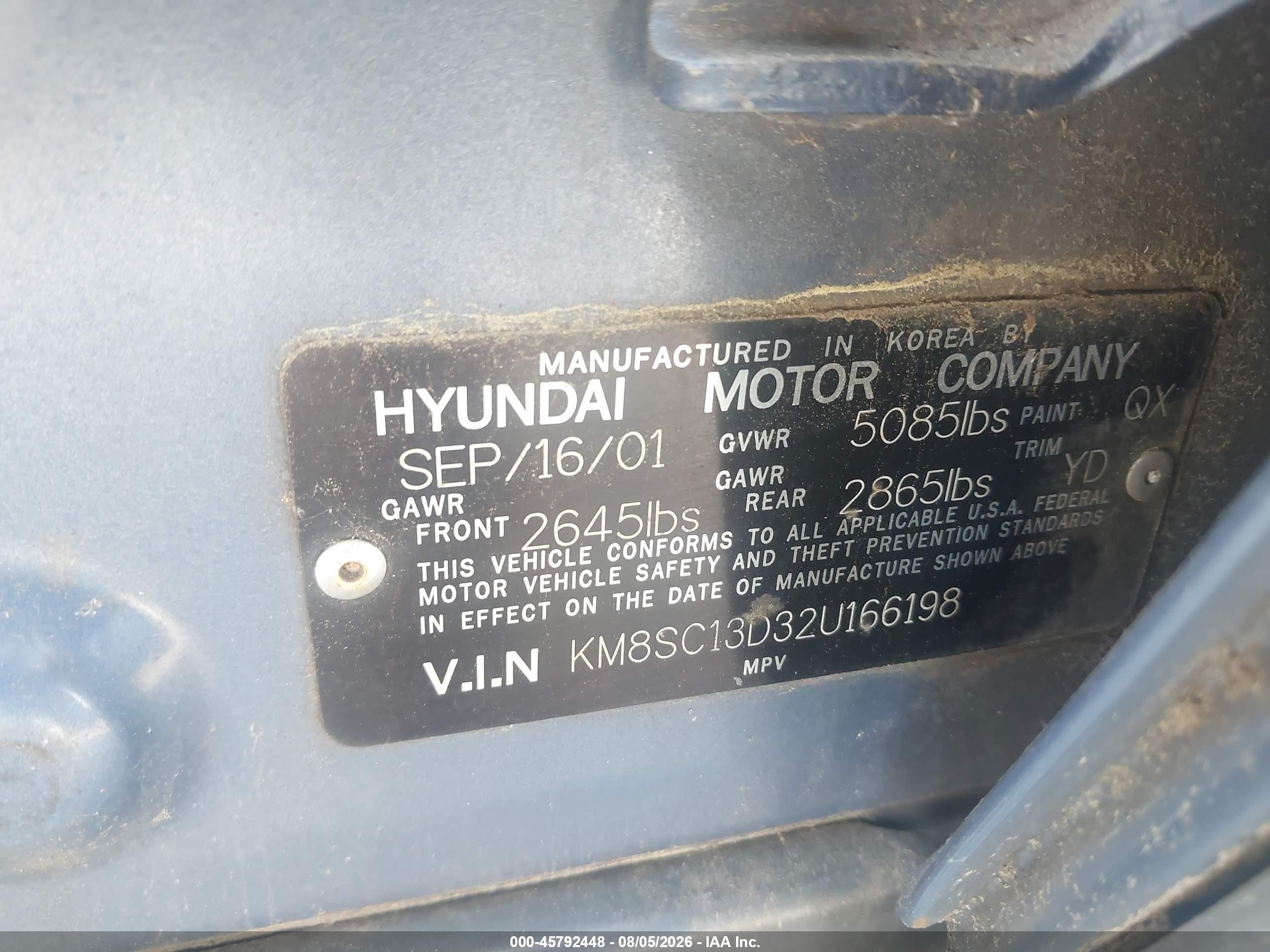 2002 Hyundai Santa Fe Gls/lx Blue vin: KM8SC13D32U166198
