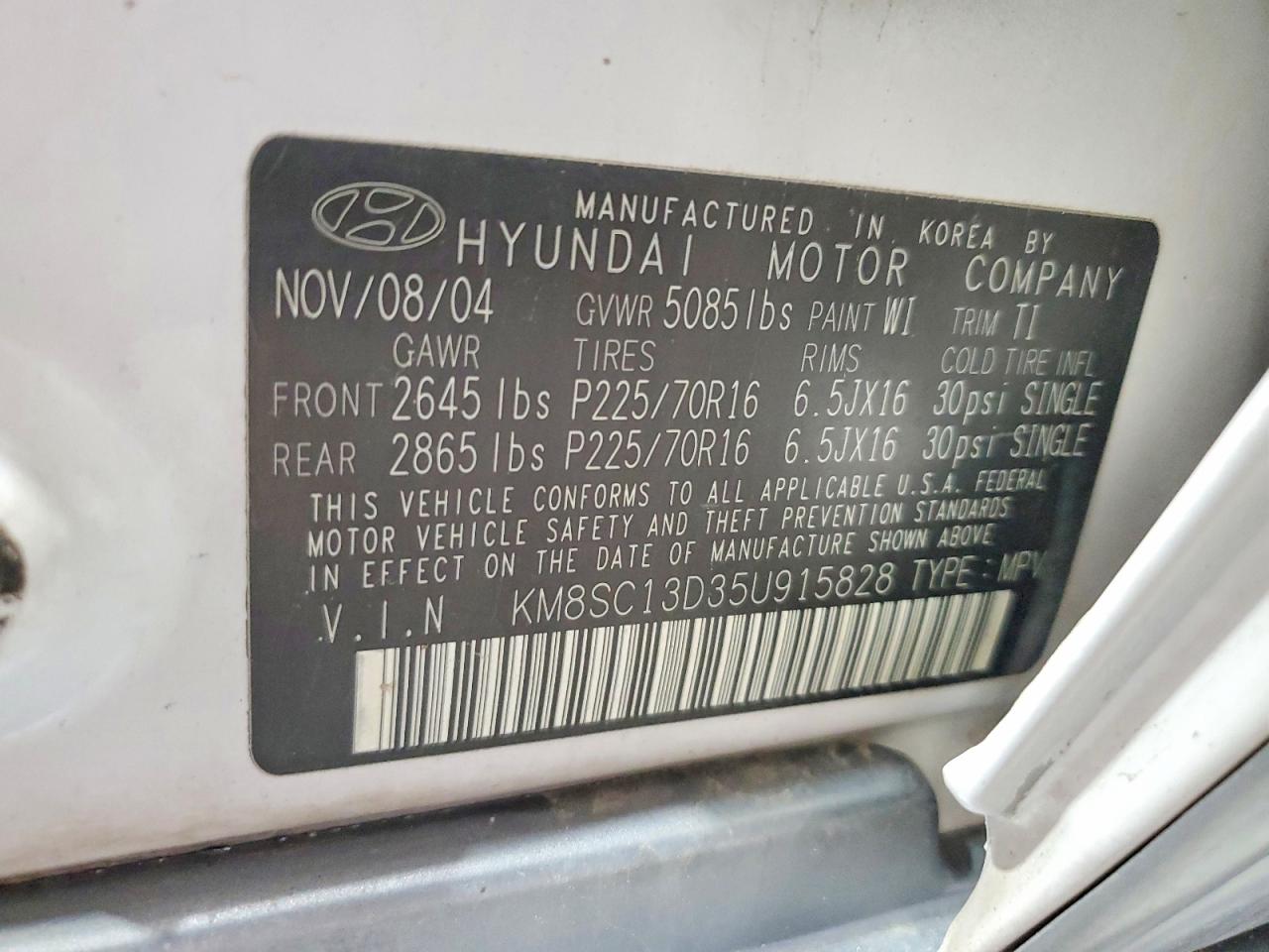 2005 Hyundai Santa Fe Gls White vin: KM8SC13D35U915828