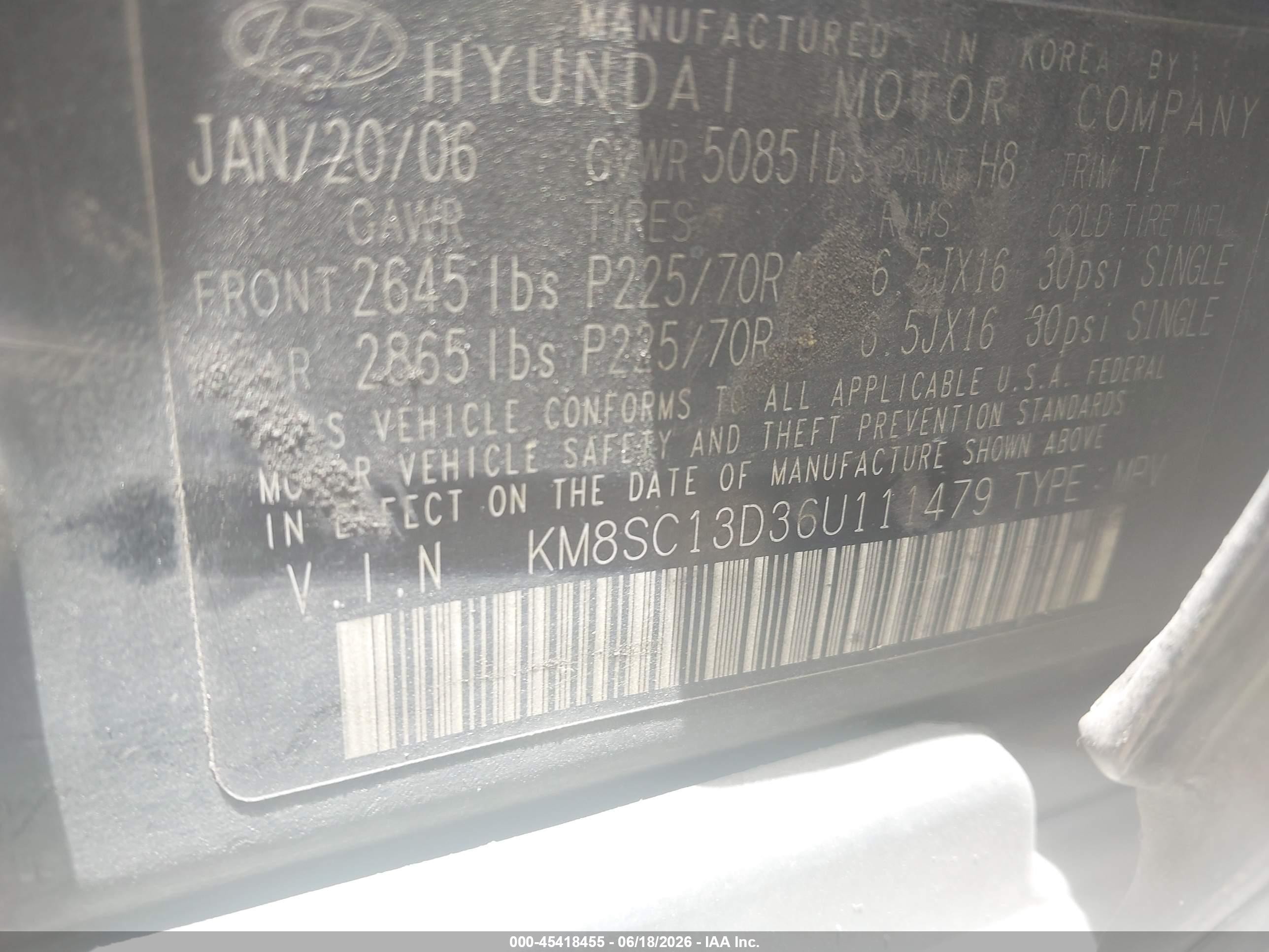 2006 Hyundai Santa Fe Gls Green vin: KM8SC13D36U111479