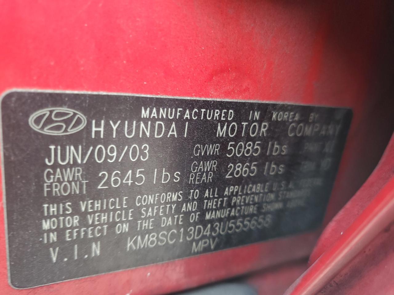 2003 Hyundai Santa Fe Gls Red vin: KM8SC13D43U555658