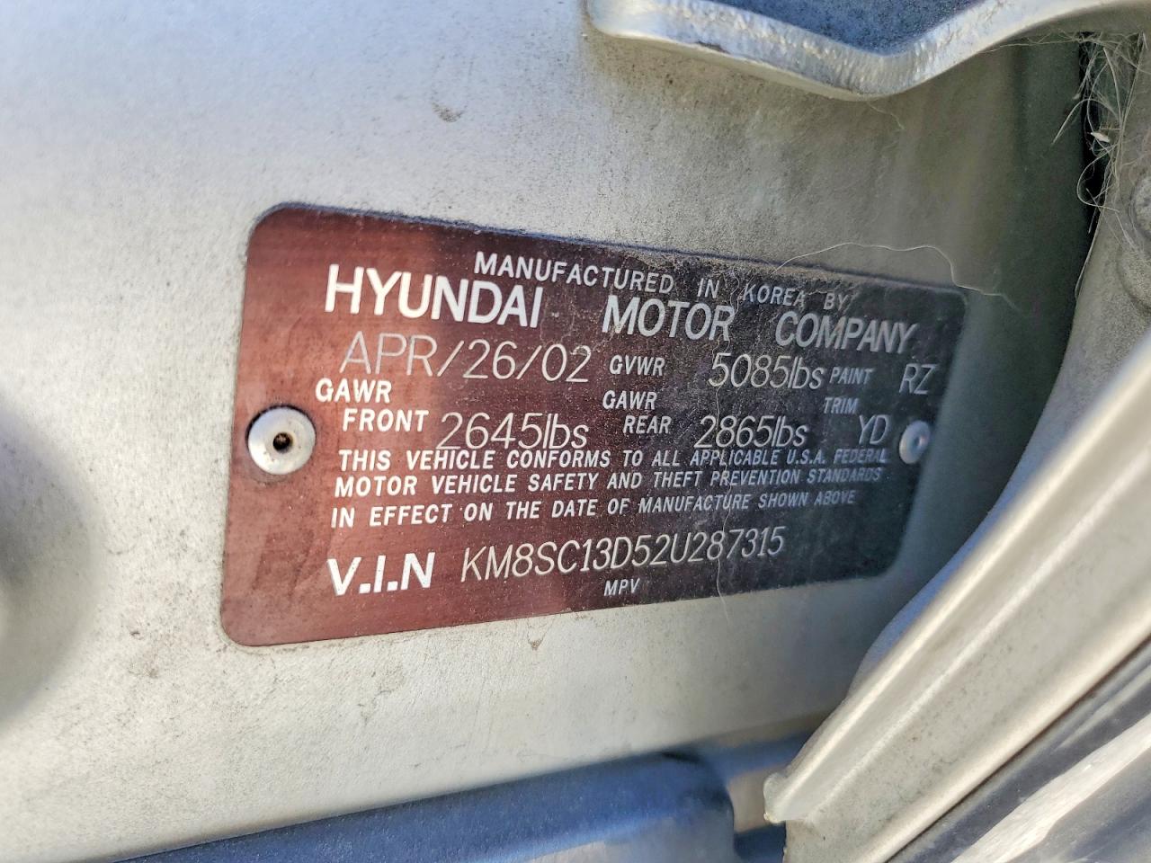 2002 Hyundai Santa Fe Gls Silver vin: KM8SC13D52U287315