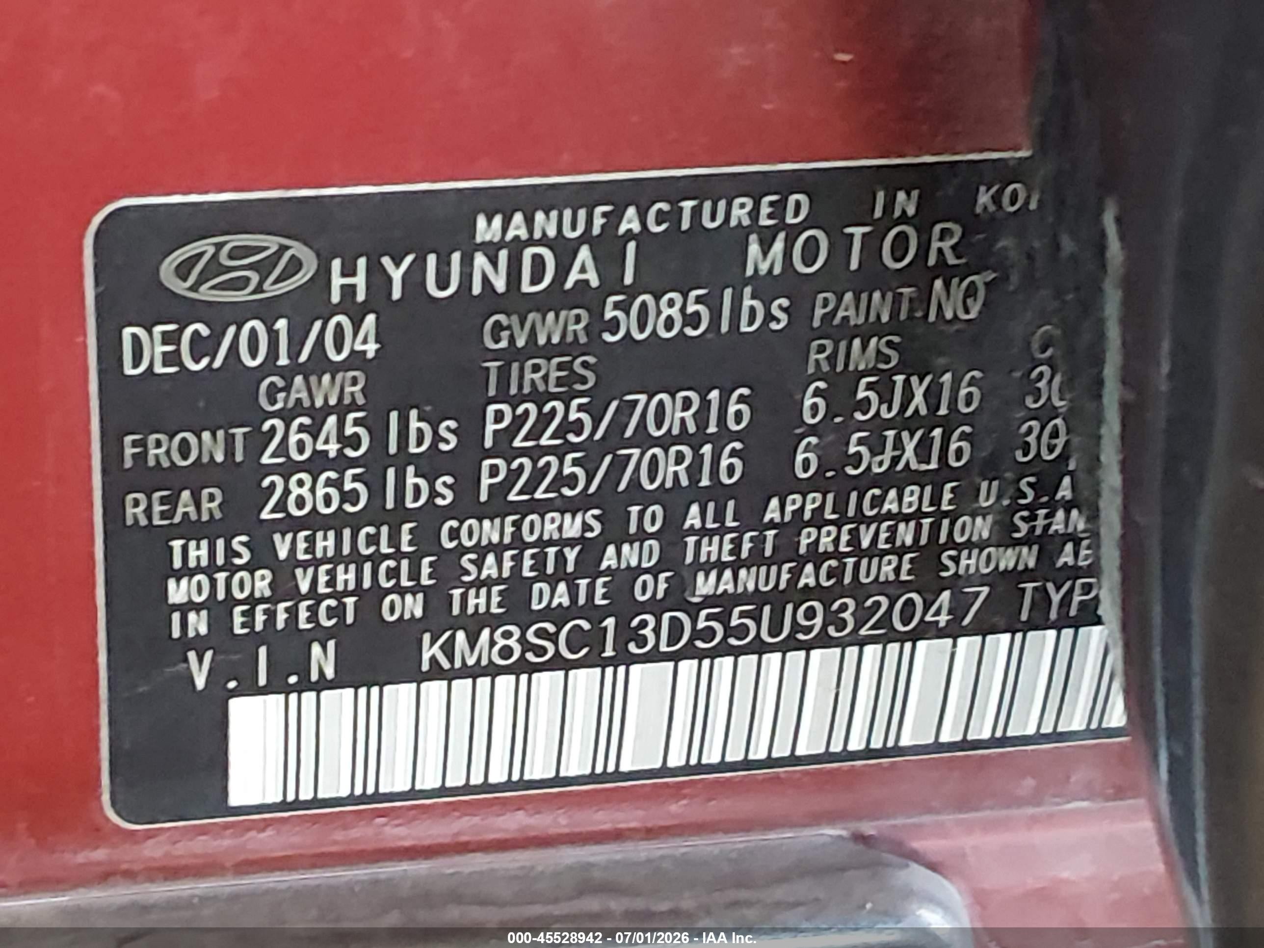 2005 Hyundai Santa Fe Gls Red vin: KM8SC13D55U932047