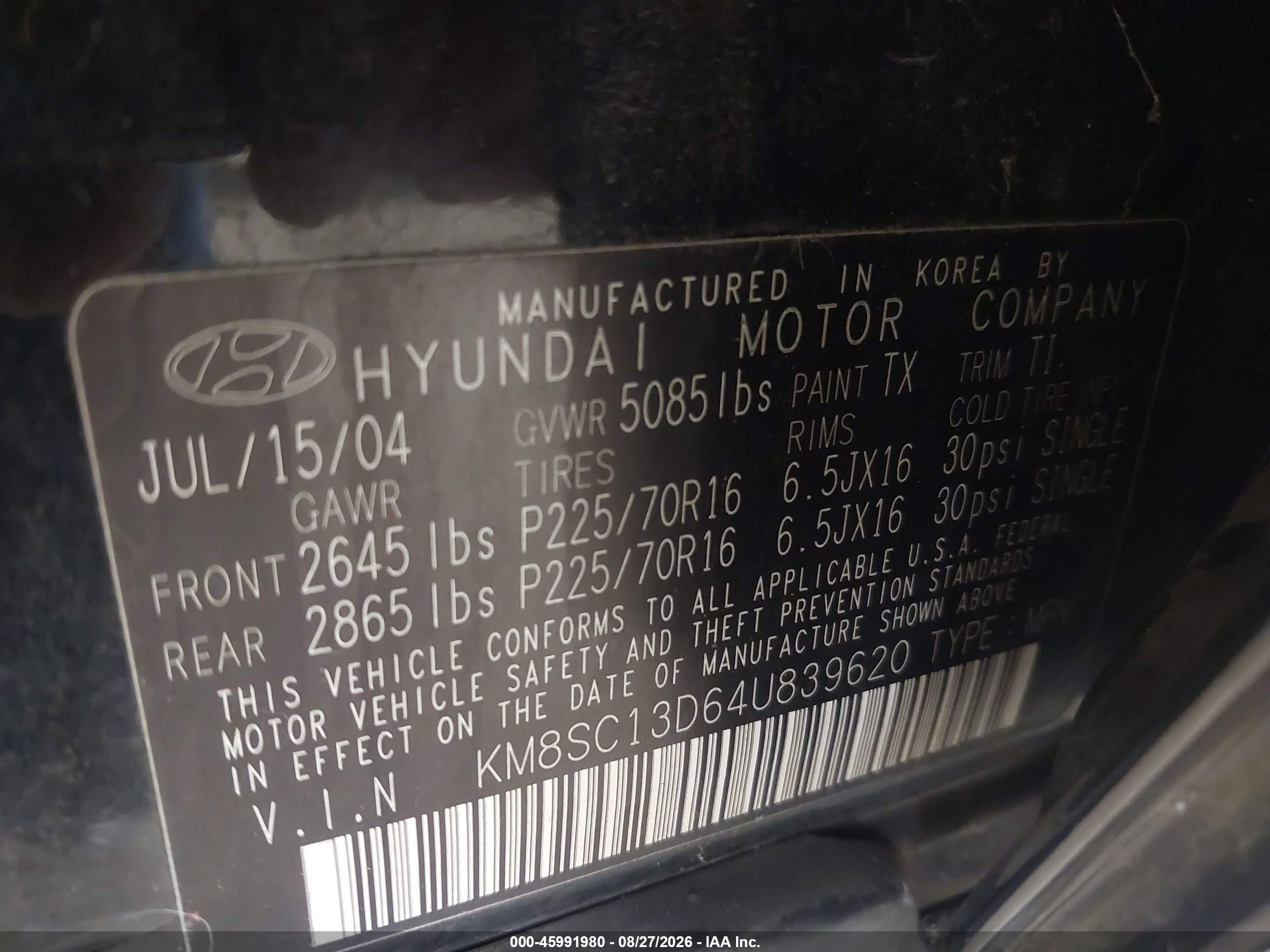 2004 Hyundai Santa Fe Gls Black vin: KM8SC13D64U839620