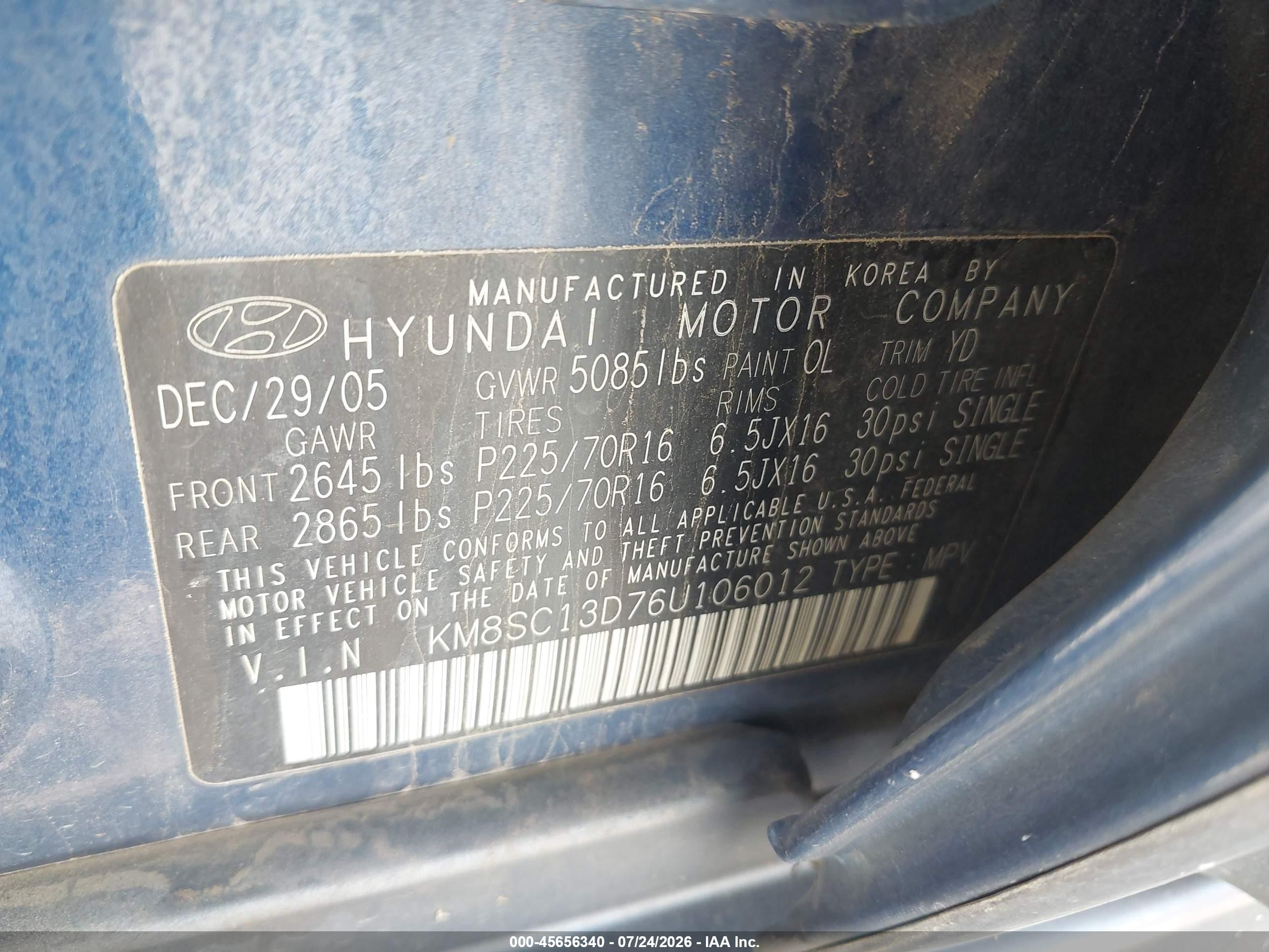 2006 Hyundai Santa Fe Gls Blue vin: KM8SC13D76U106012