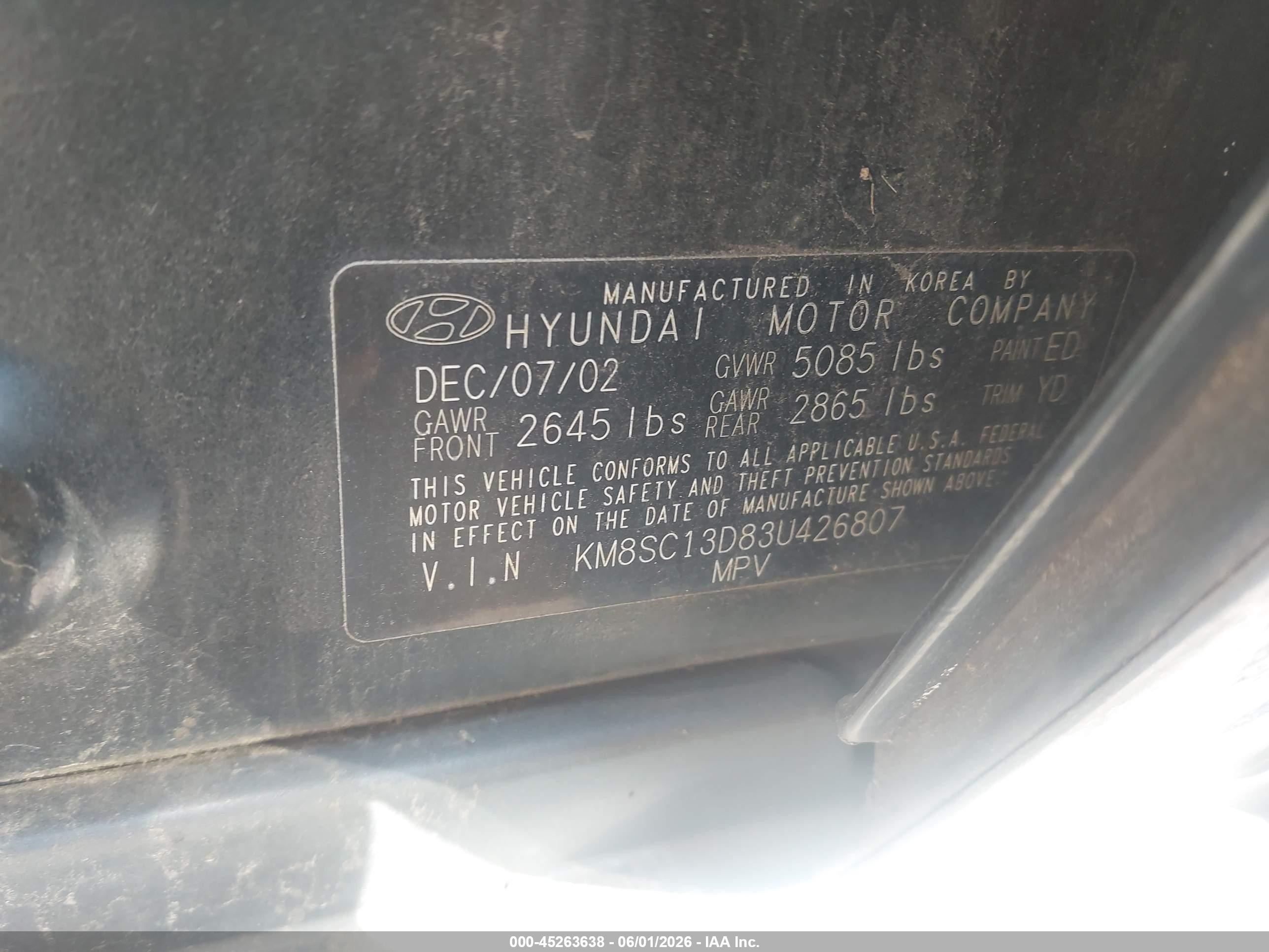 2003 Hyundai Santa Fe Gls/lx Black vin: KM8SC13D83U426807