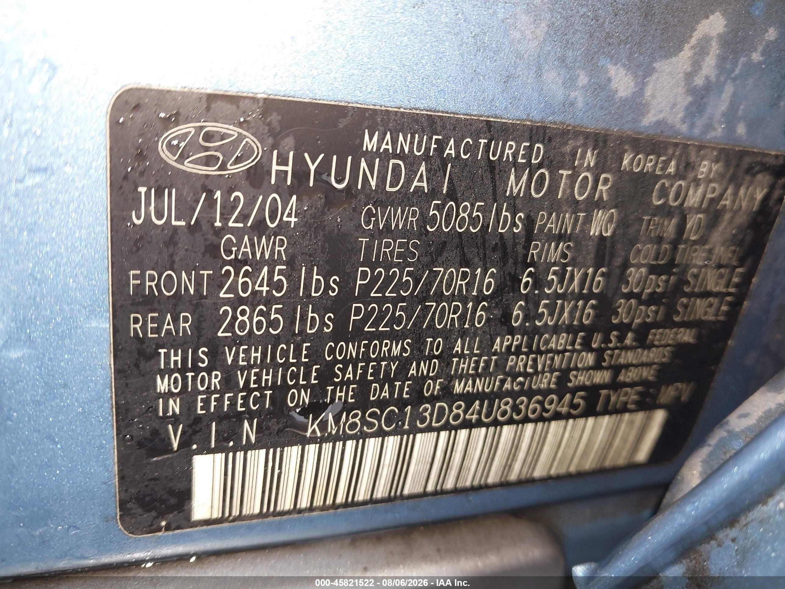 2004 Hyundai Santa Fe Gls Light Blue vin: KM8SC13D84U836945