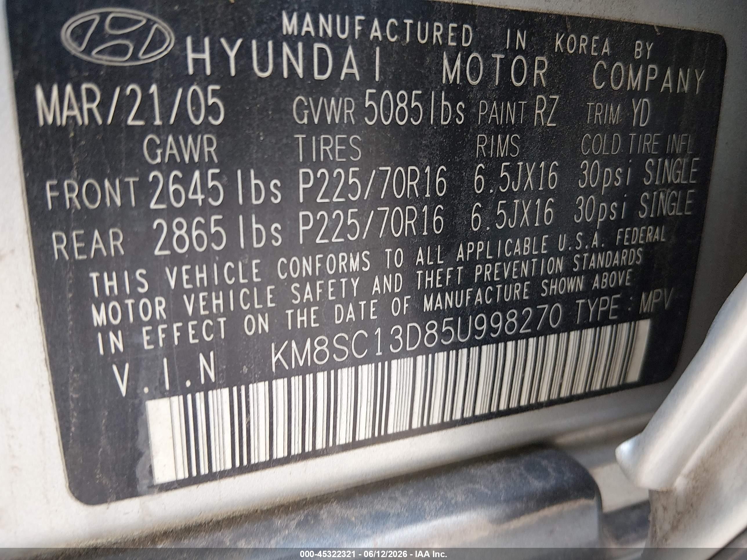 2005 Hyundai Santa Fe Gls Silver vin: KM8SC13D85U998270