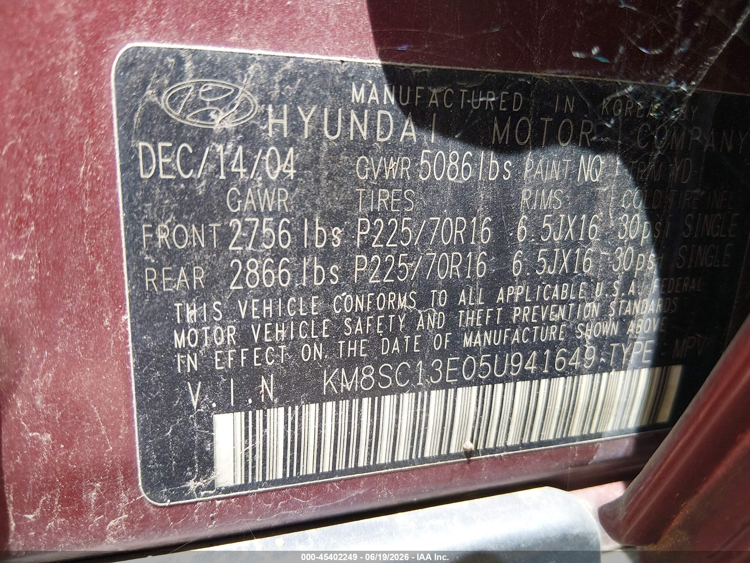 2005 Hyundai Santa Fe Gls/lx Burgundy vin: KM8SC13E05U941649