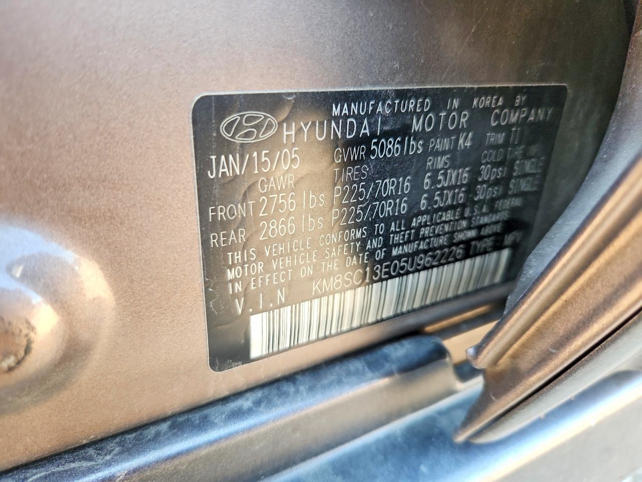 2005 Hyundai Santa Fe Gls/lx Tan vin: KM8SC13E05U962226