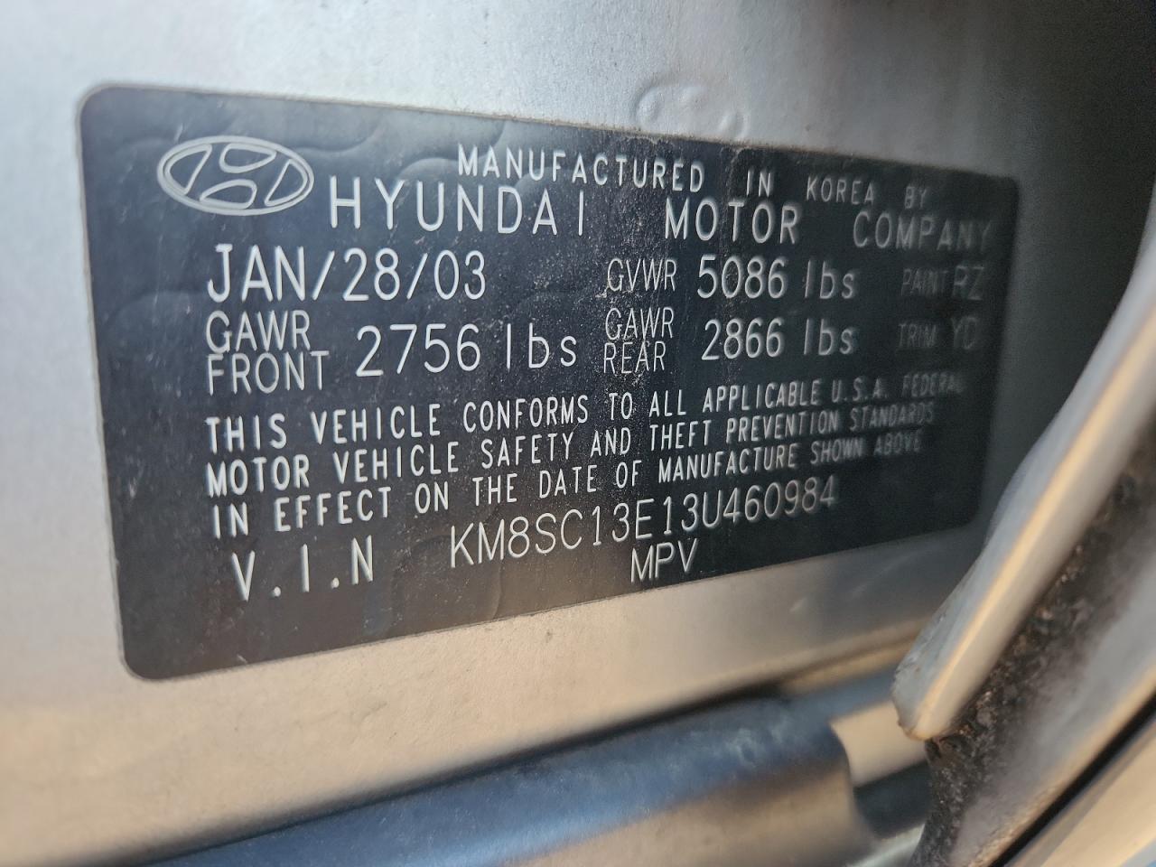 2003 Hyundai Santa Fe Gls Silver vin: KM8SC13E13U460984