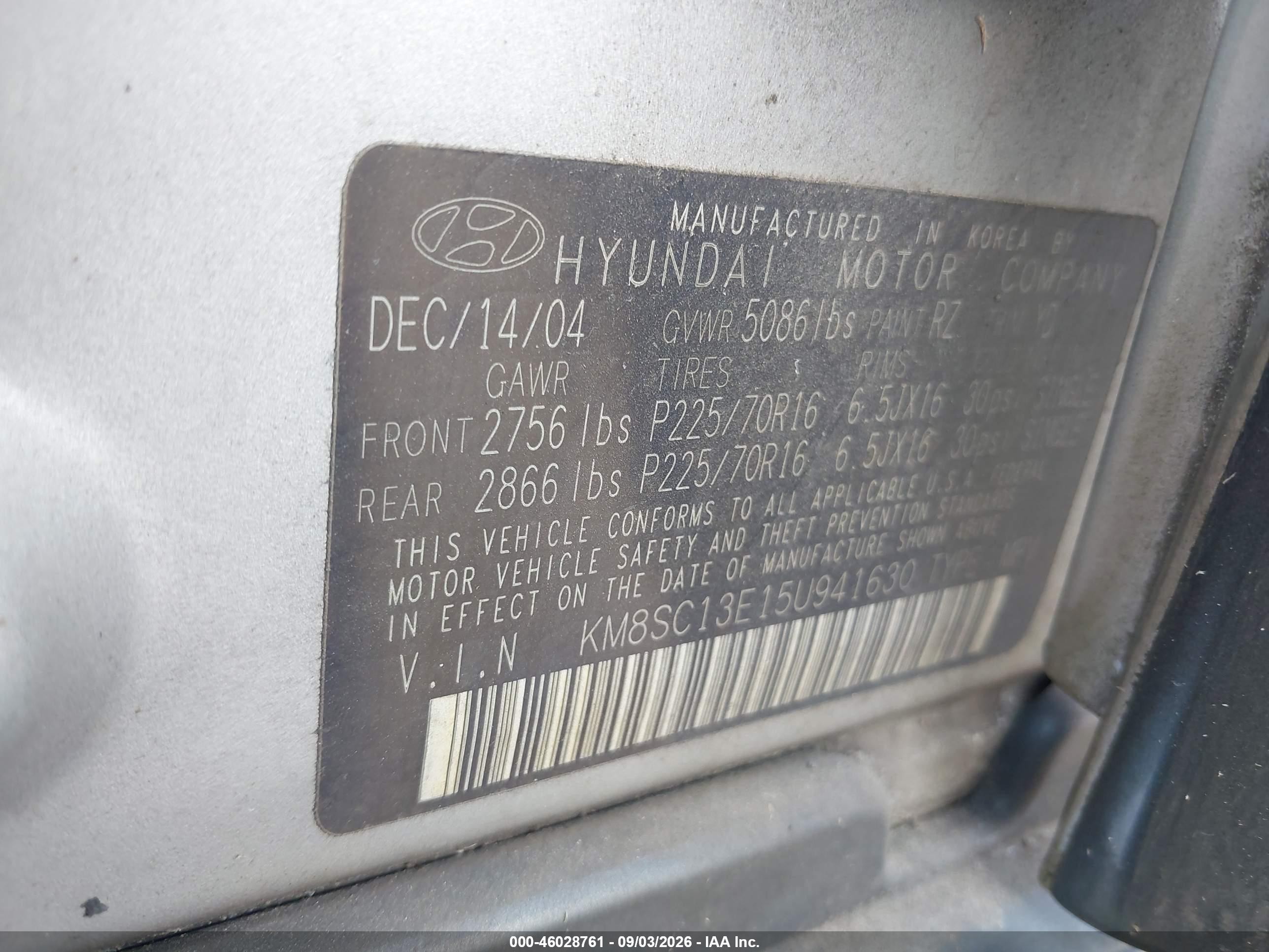 2005 Hyundai Santa Fe Gls/lx Silver vin: KM8SC13E15U941630