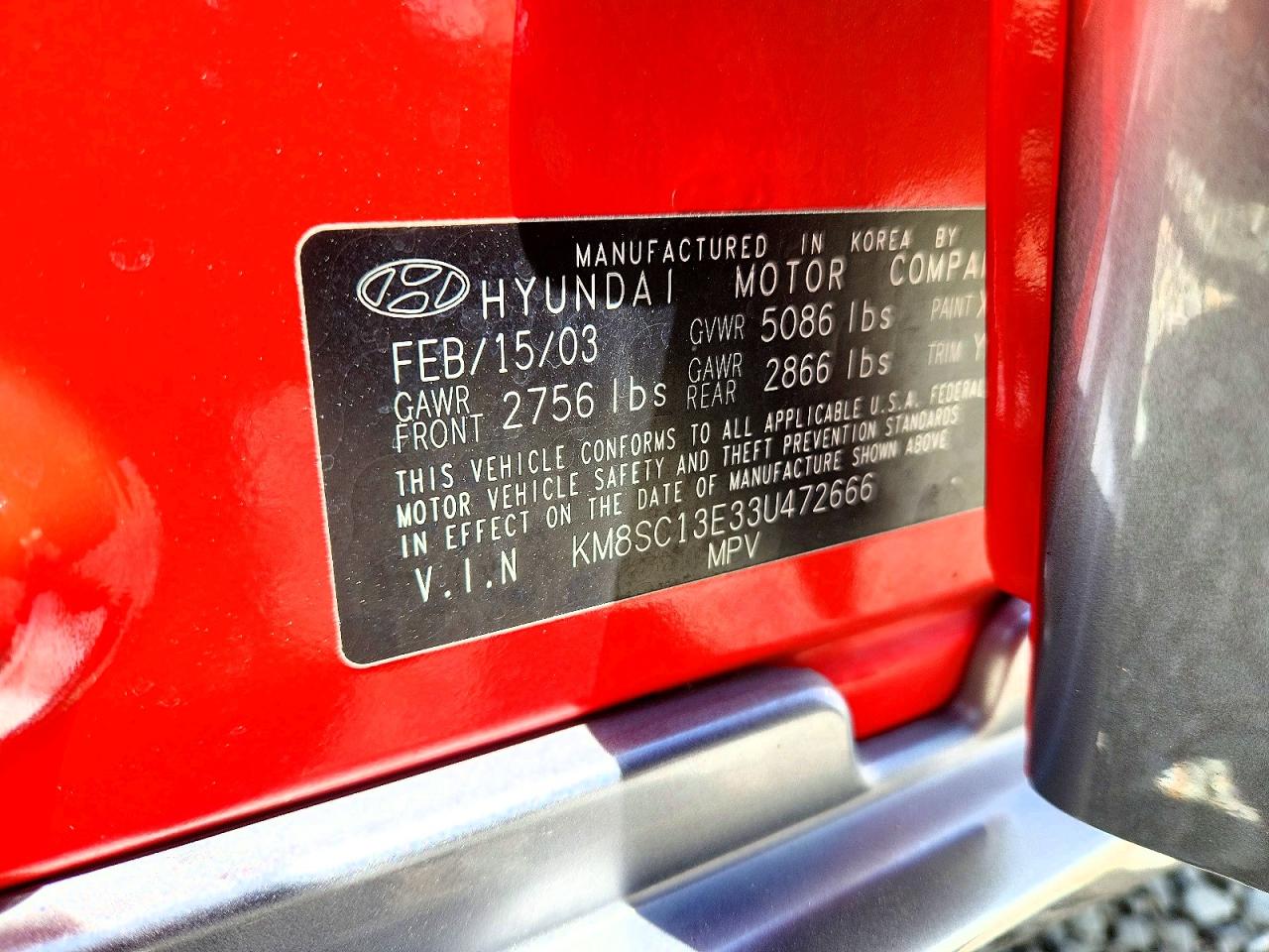 2003 Hyundai Santa Fe Red vin: KM8SC13E33U472666